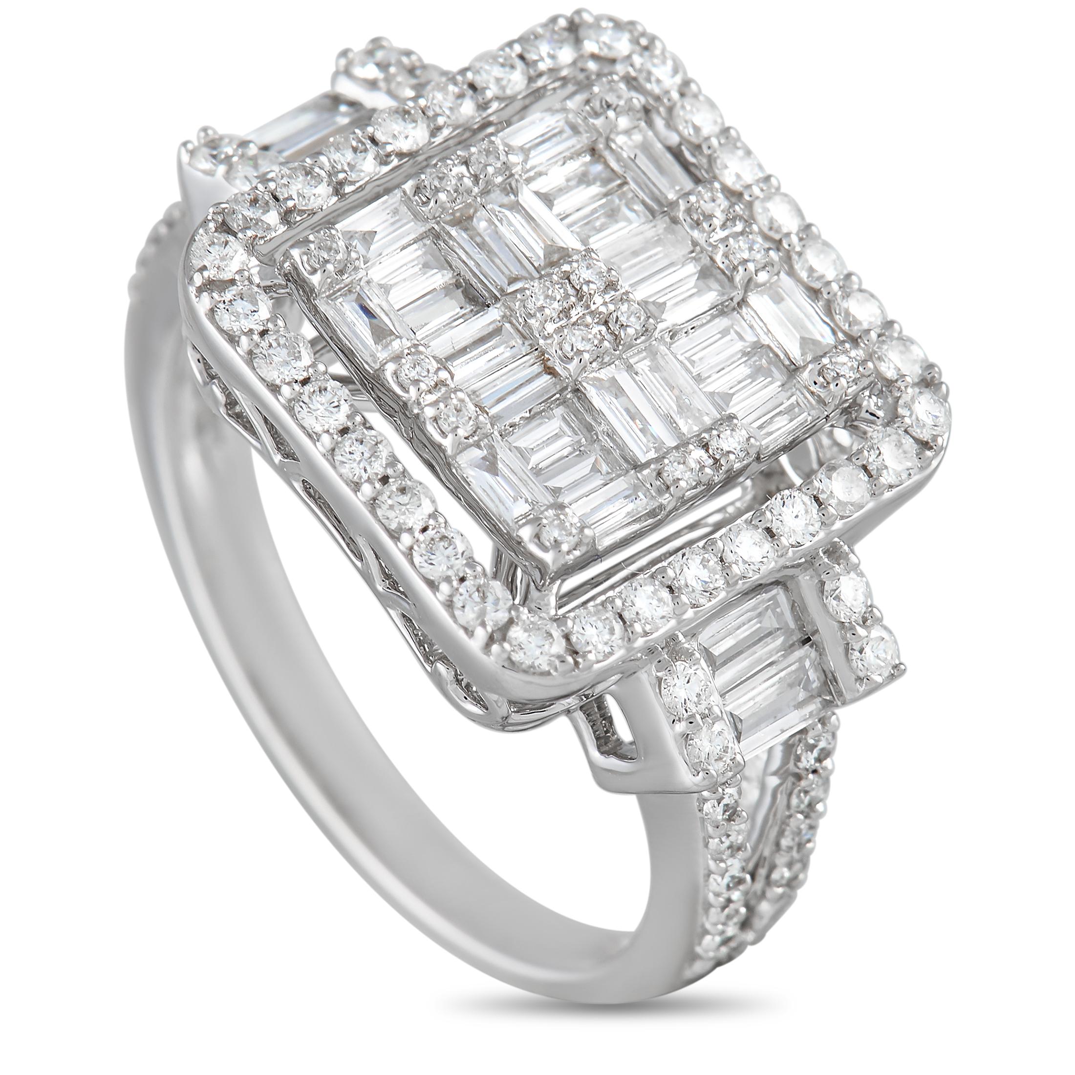 Sparkling diamonds totaling 1.20 carats cover this exceptionally stylish luxury ring. The setting is crafted from 14K White Gold and includes dynamic details that make it breathtaking from every angle. This timeless accessory features a 2mm wide