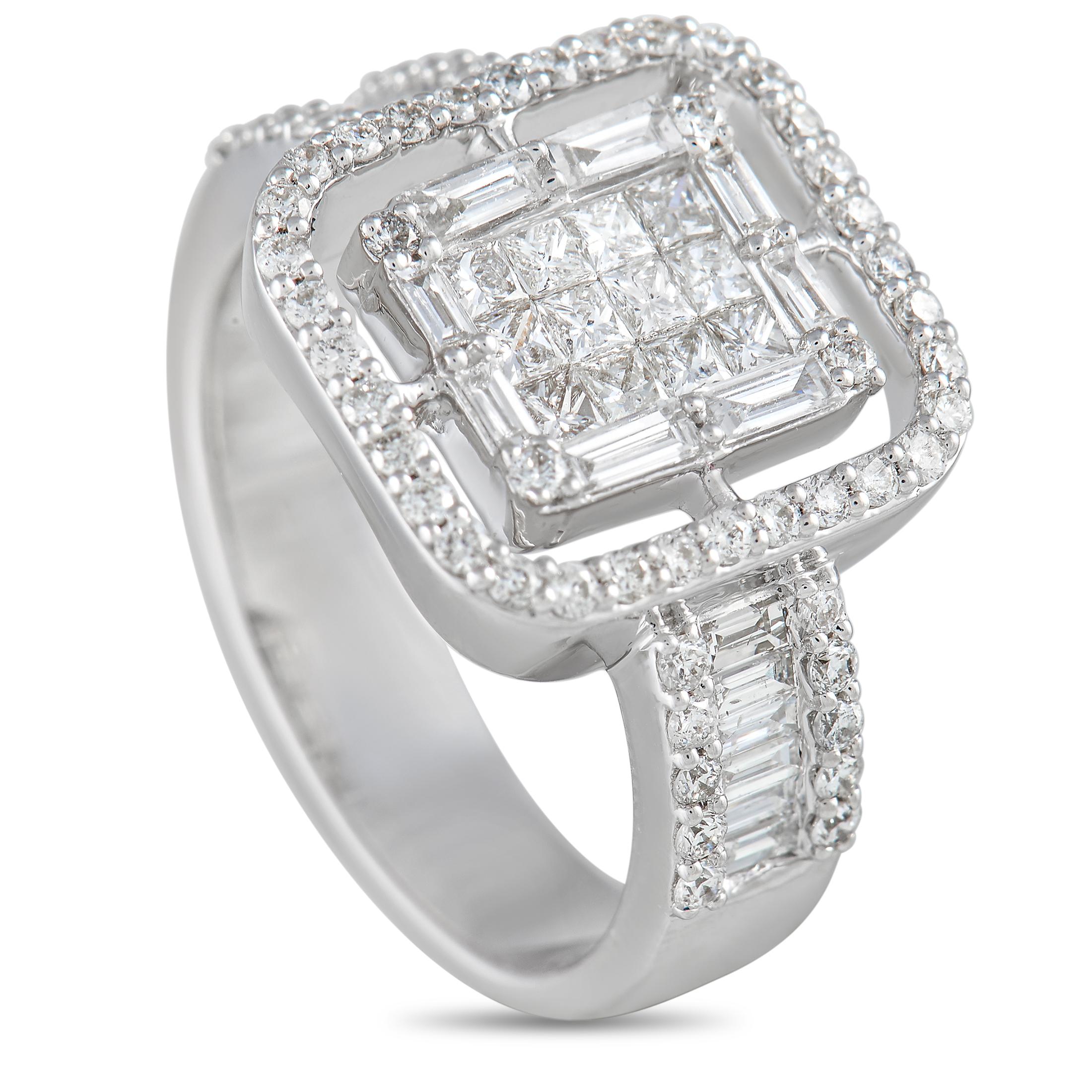 This exceptional 14K White Gold ring will continually command attention. The sophisticated setting comes to life thanks to inset diamonds that together possess a total weight of 1.28 carats. It features a 4mm wide band and a 3mm top height, meaning