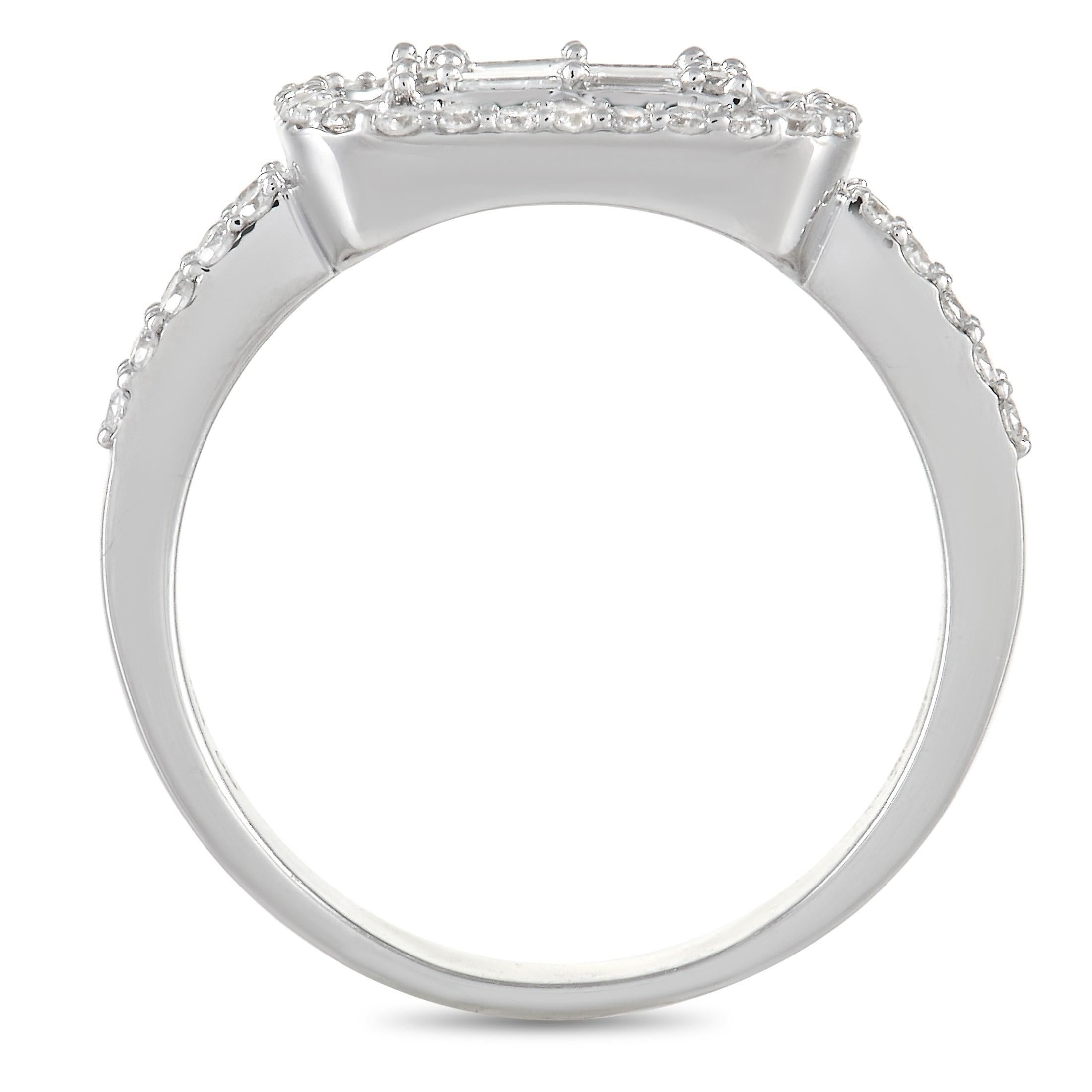 This gorgeous LB Exclusive 14K White Gold 1.37 ct Diamond Ring is sure to stun. The ring is made with 14K white gold and set with 12 princess cut diamonds arranged in three by four square over the face of the ring. The center stones are accented by
