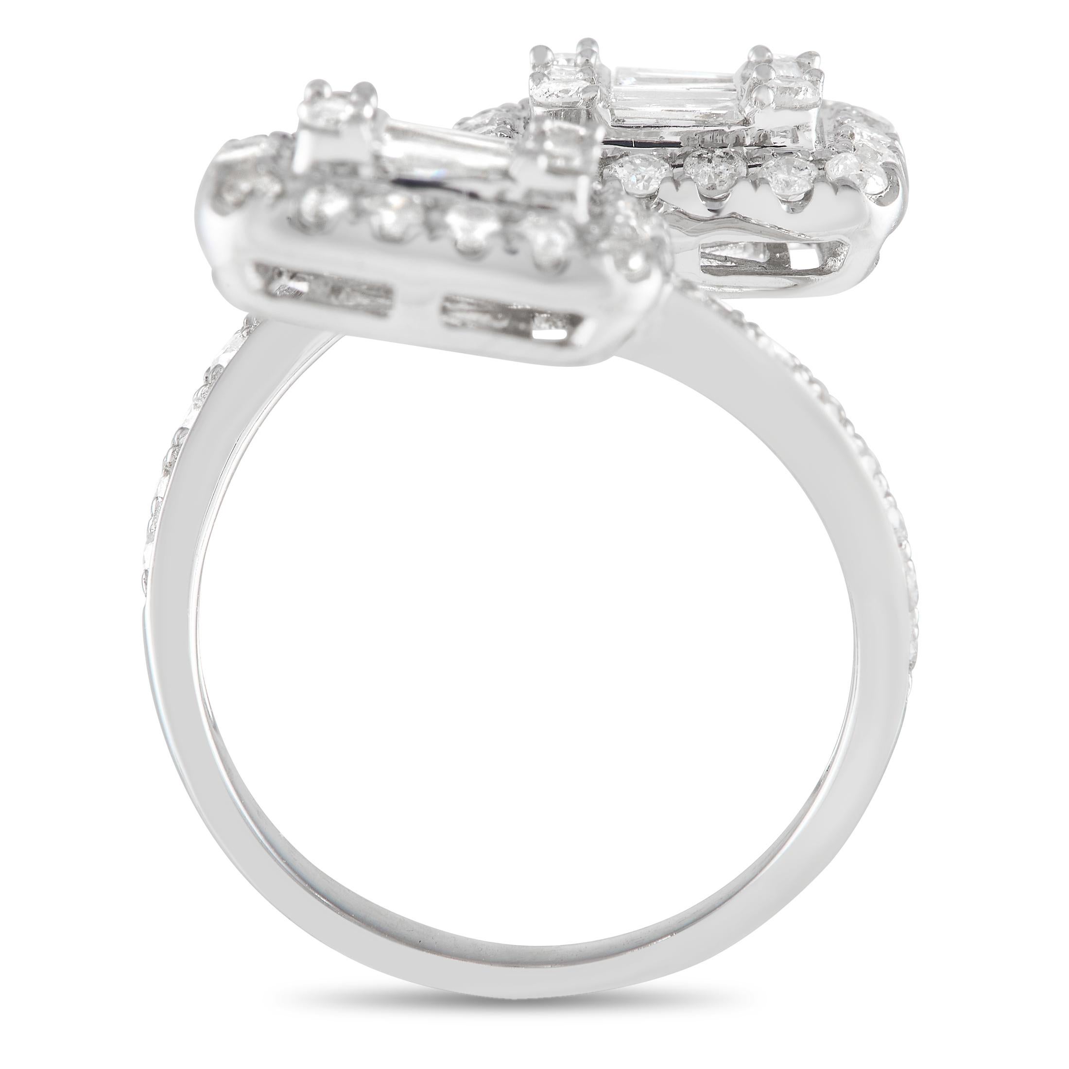Opt for this piece when you want to update your look in an instant. This 14K white gold ring has an open bypass shank with the shoulders traced with diamonds. The shank's tips feature a cluster of diamonds in varying cuts framed by a rounded square