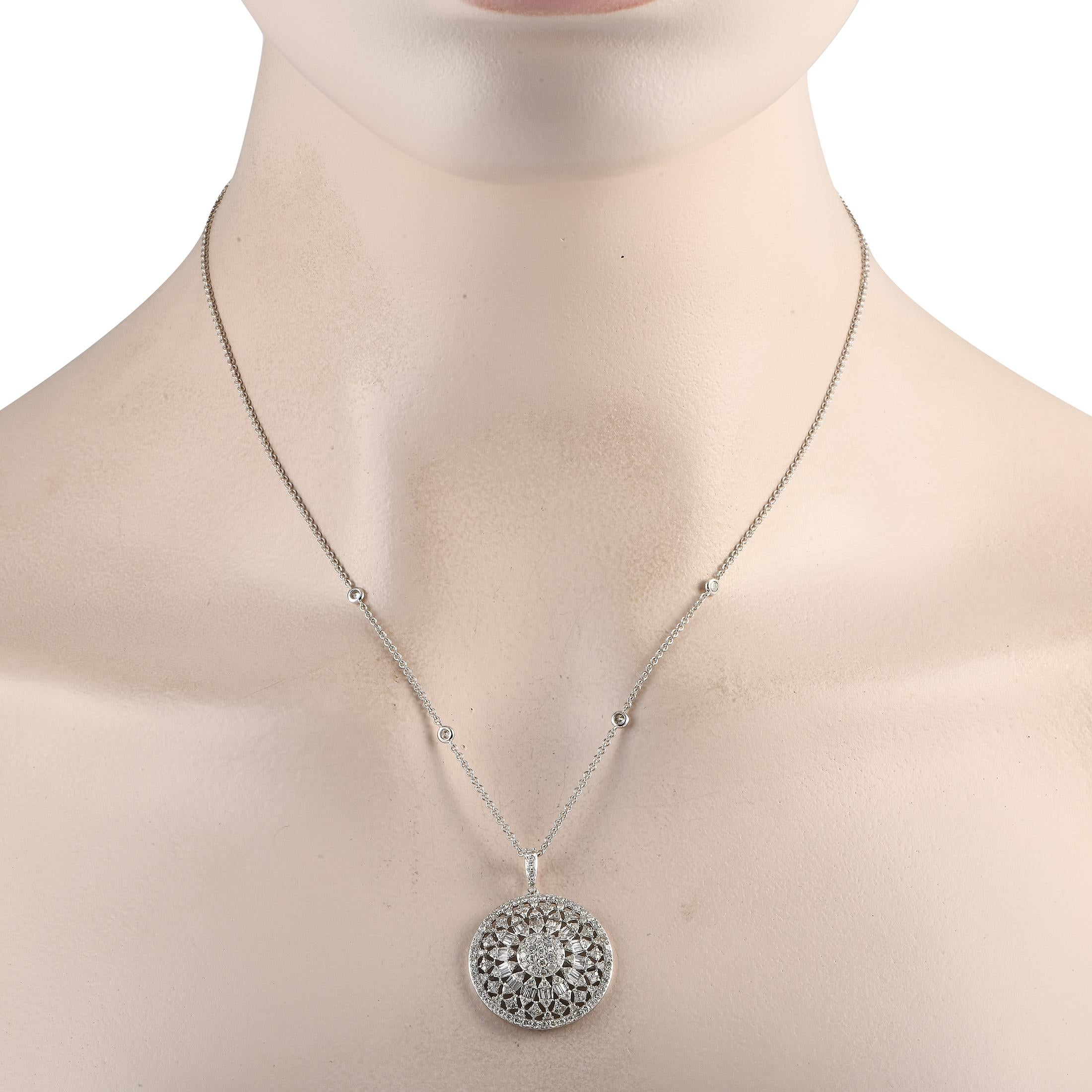 An intricate 14K White Gold pendant measuring 1.25 long by 1.0 wide makes a statement on this necklace. This elegant accessory features a delicate 18 chain and comes to life thanks to Diamonds with a total weight of 1.75 carats.This jewelry piece is