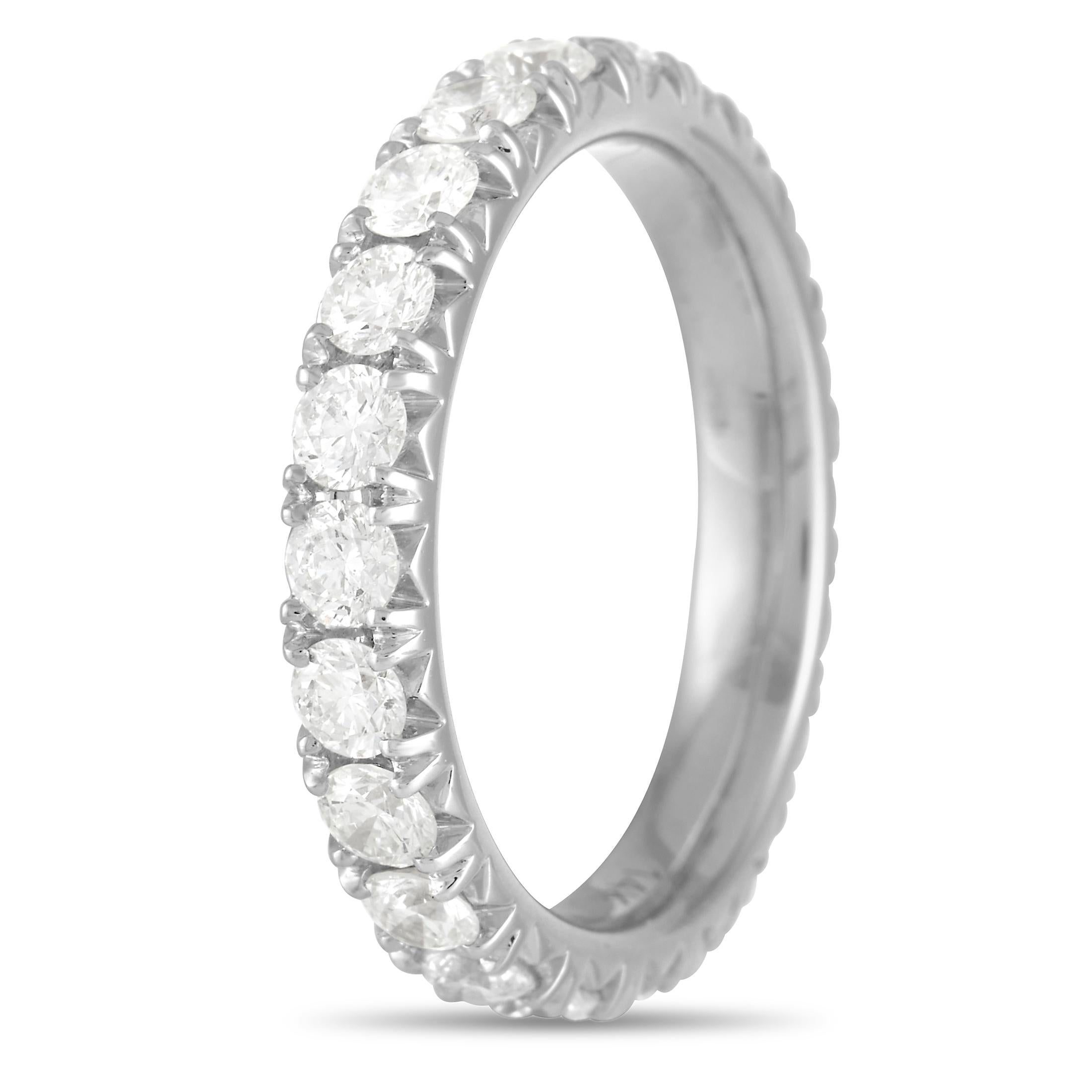 Simple and stylish, this elegant brand ring will always make a scintillating statement. Crafted from 14K White Gold, this 14K White Gold ring measures 3mm wide and includes round-cut diamond gemstones with a total weight of 1.81 carats. 
 
 This