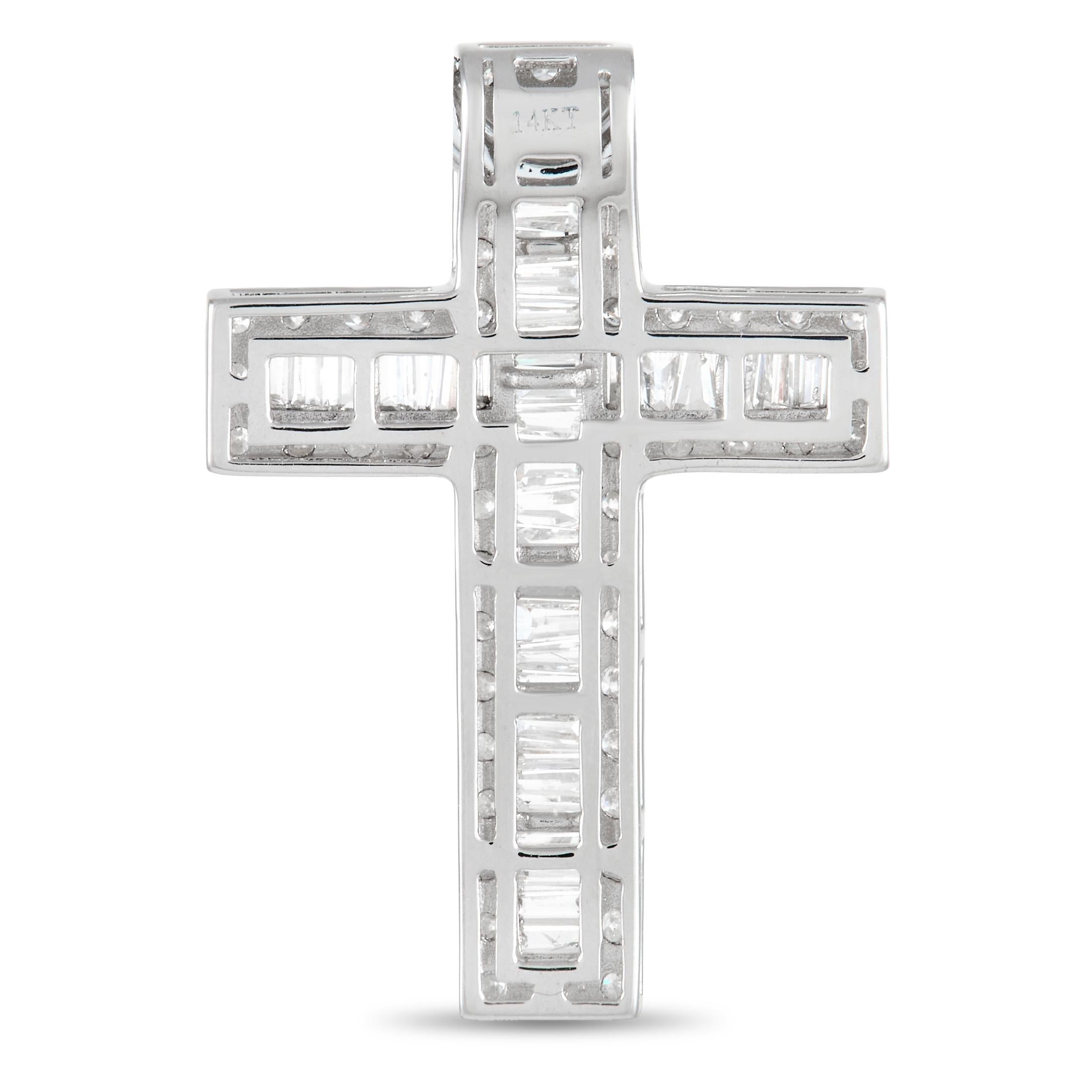 Diamonds with a total weight of 2.01 carats make this cross-shaped pendant a luxurious piece that will proudly put your faith on display. Crafted from 14K White Gold, it measures 1.25” long and 0.95” wide. 

This jewelry piece is offered in brand