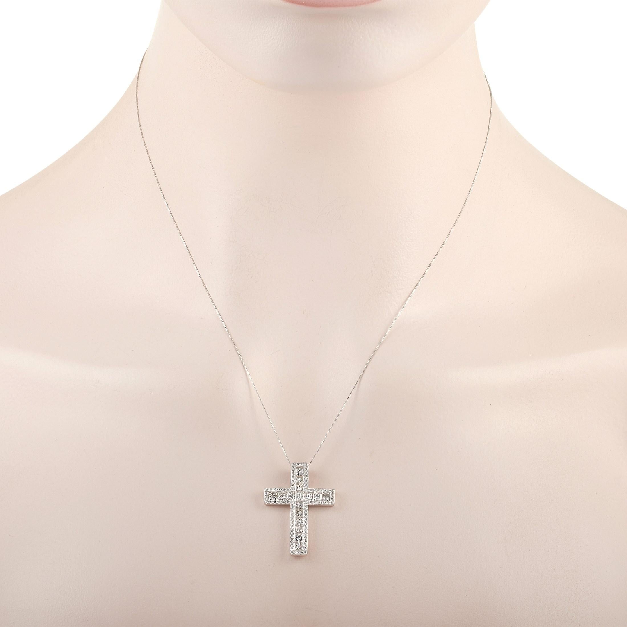 The LB Exclusive 14K White Gold 2.23 ct Diamond Cross Necklace features a delicate 14K White Gold chain that is 17 inches in length and features a matching 14K white gold cross pendant set with 2.23 carats of princess cut diamonds. The pendant