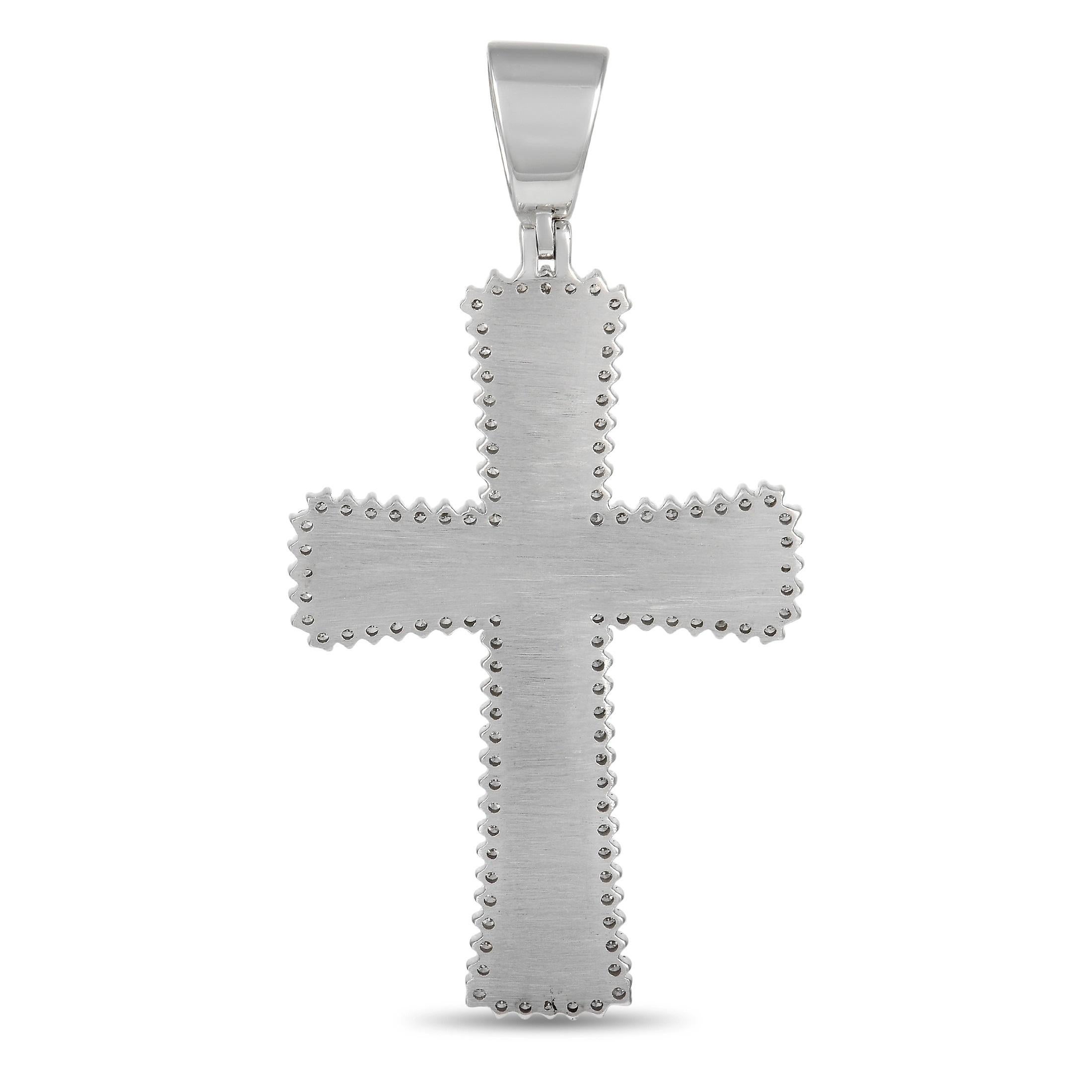An iconic piece that will put your faith boldly on display, this shimmering cross-shaped pendant is truly luxurious. A 14K White Gold setting provides the perfect backdrop for the 2.95 carats of diamonds that sparkle and shine throughout the design.