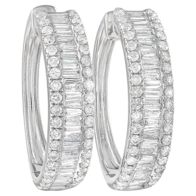 LB Exclusive 14K White Gold 1.00 ct Diamond Hoop Earrings For Sale at
