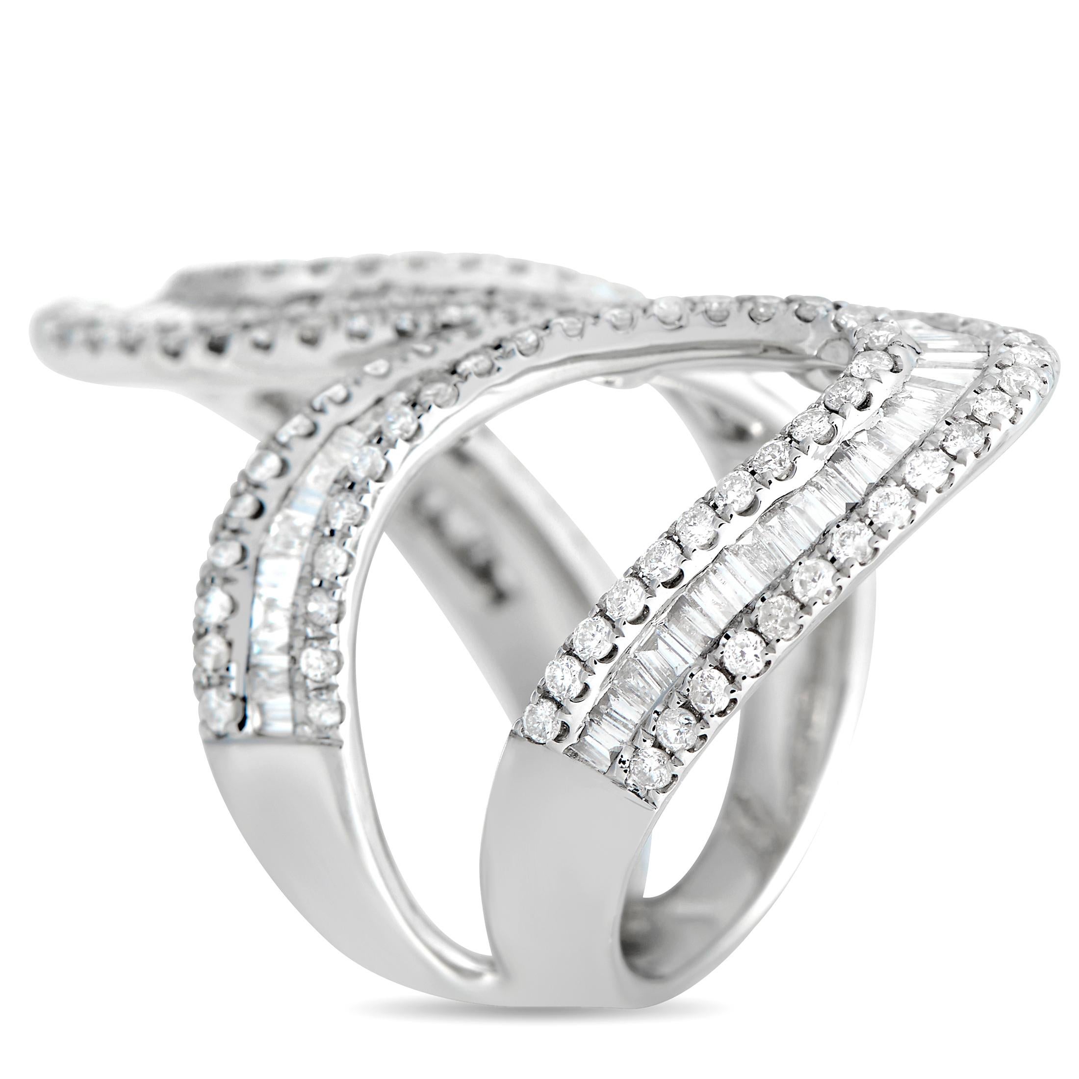 Diamonds with a total weight of 3.0 carats allow this luxury ring to effortlessly emanate light. This piece\u2019s dynamic 14K White Gold setting features an 8mm wide band and a top height measuring 2mm.\r\nThis jewelry piece is offered in new