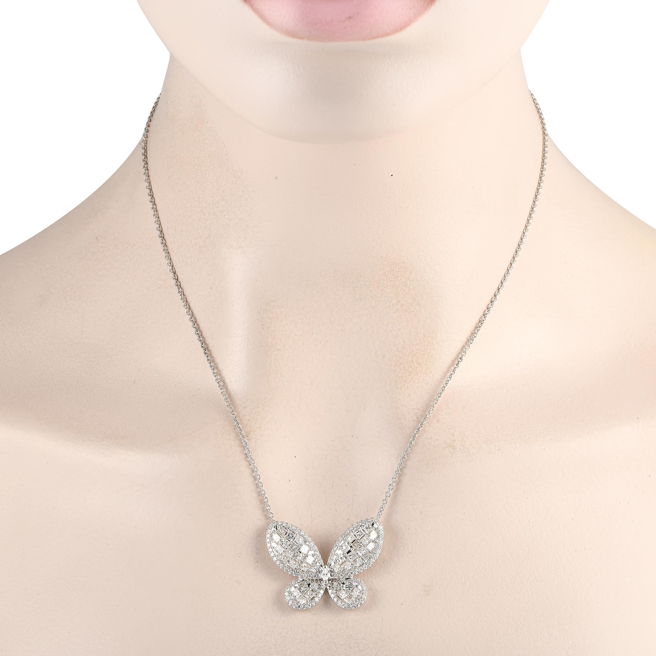 A butterfly pendant measuring 1.0 long by 1.25 wide sits at the center of a 17 chain on this breathtaking necklace. This incredibly charming accessory is crafted from 14K White Gold and comes complete with sparkling diamonds totaling 3.73