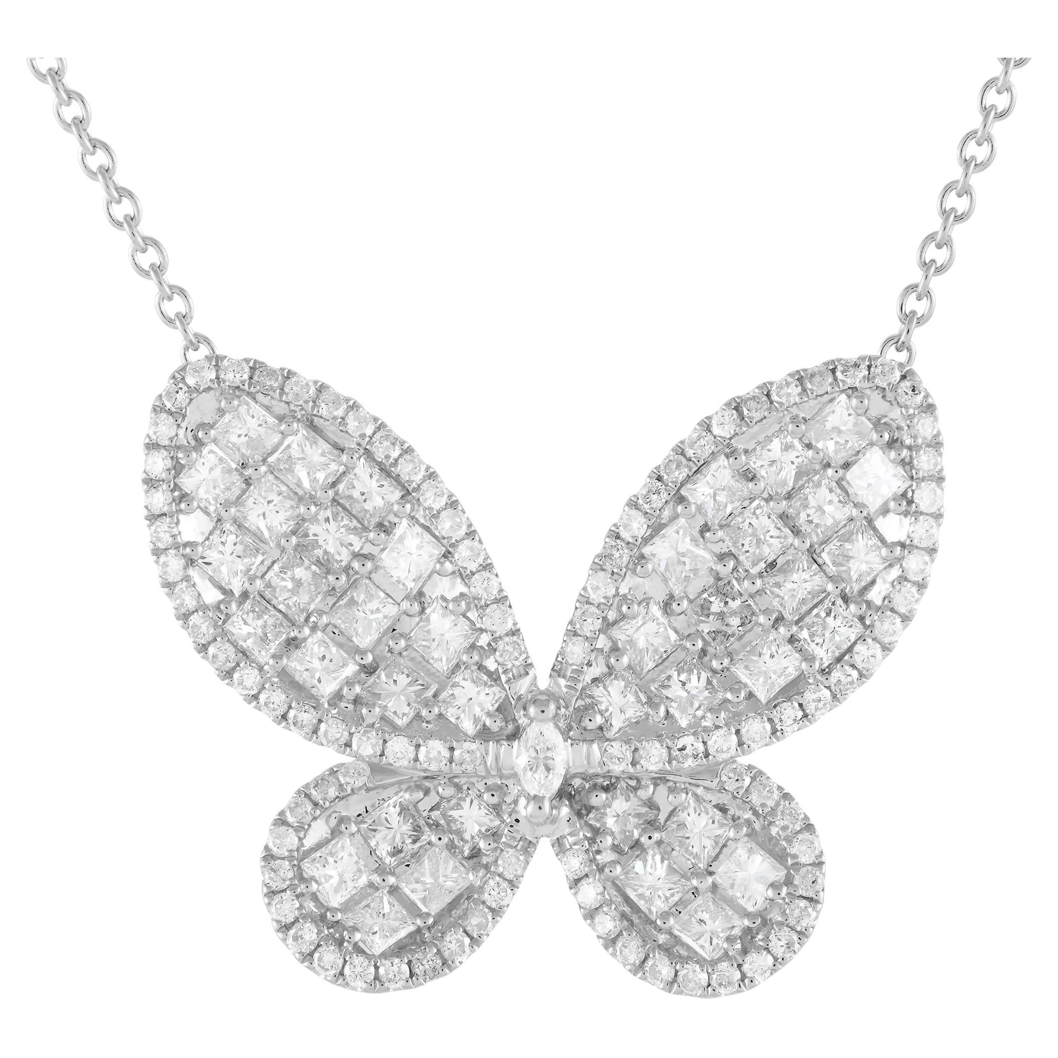 LB Exclusive 14K White Gold 3.73ct Diamond Butterfly Necklace For Sale