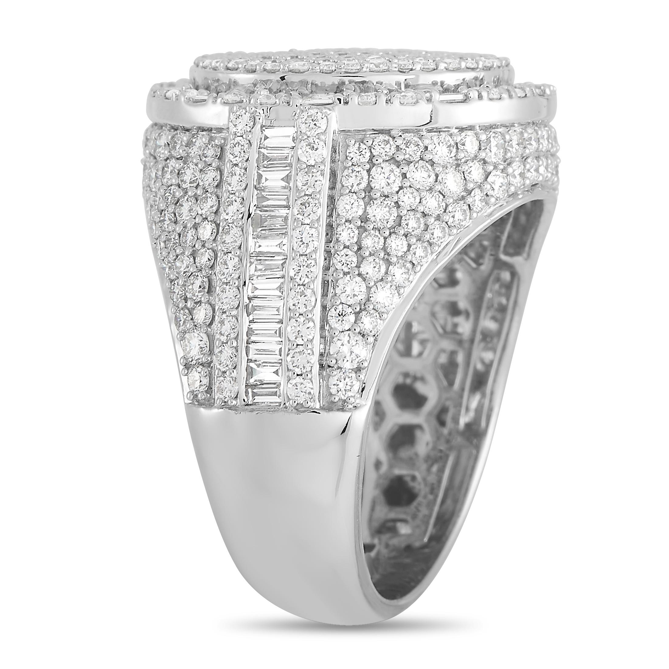 This LB Exclusive ring is sure to attract attention. The ring is made with 14K white gold and set with a number of round and baguette-cut diamonds on the face of the ring and over most of the band, for a total of 4.50 carats of diamonds over the