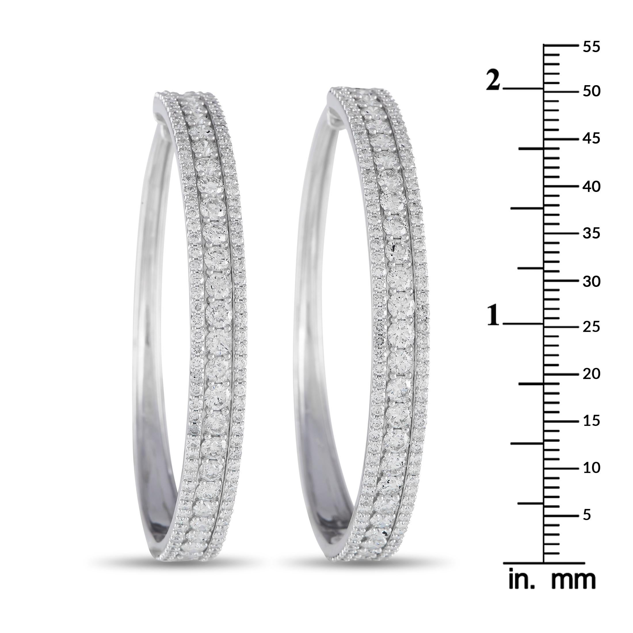 Round Cut LB Exclusive 14k White Gold 7.0 Carat Diamond Tapered Hoop Earrings For Sale