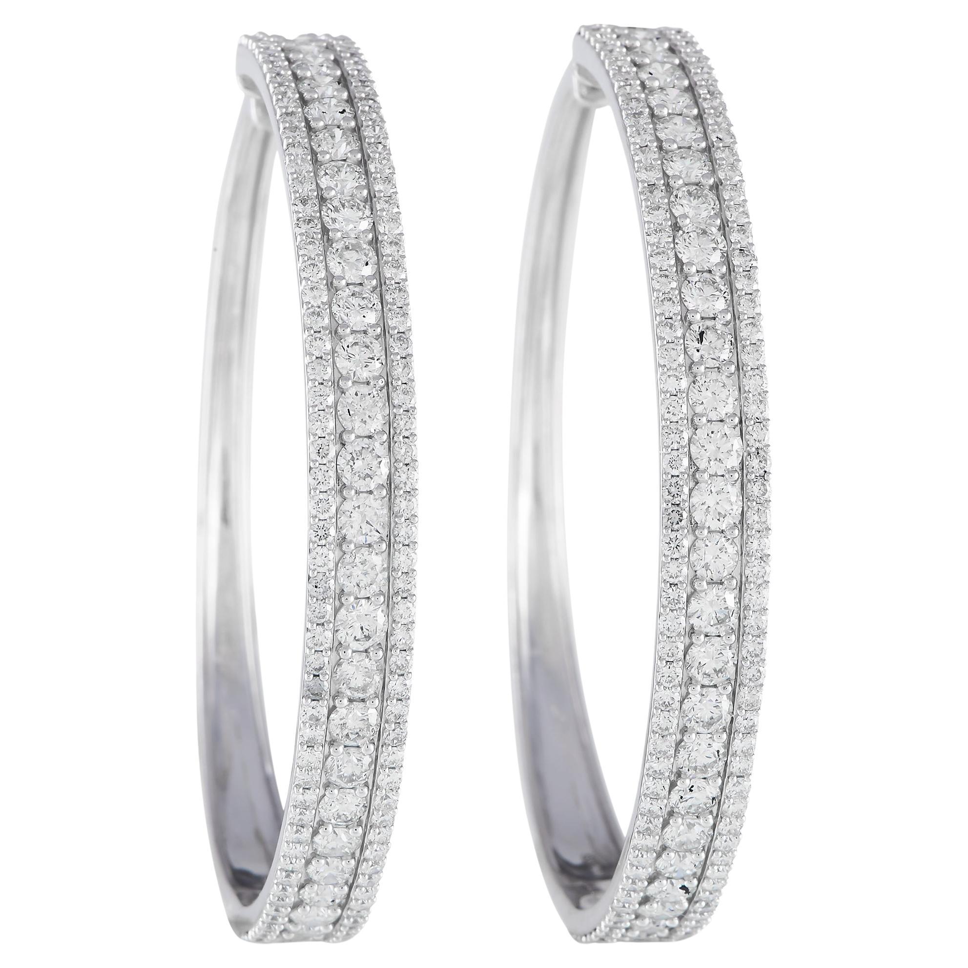 LB Exclusive 14k White Gold 7.0 Carat Diamond Tapered Hoop Earrings For Sale