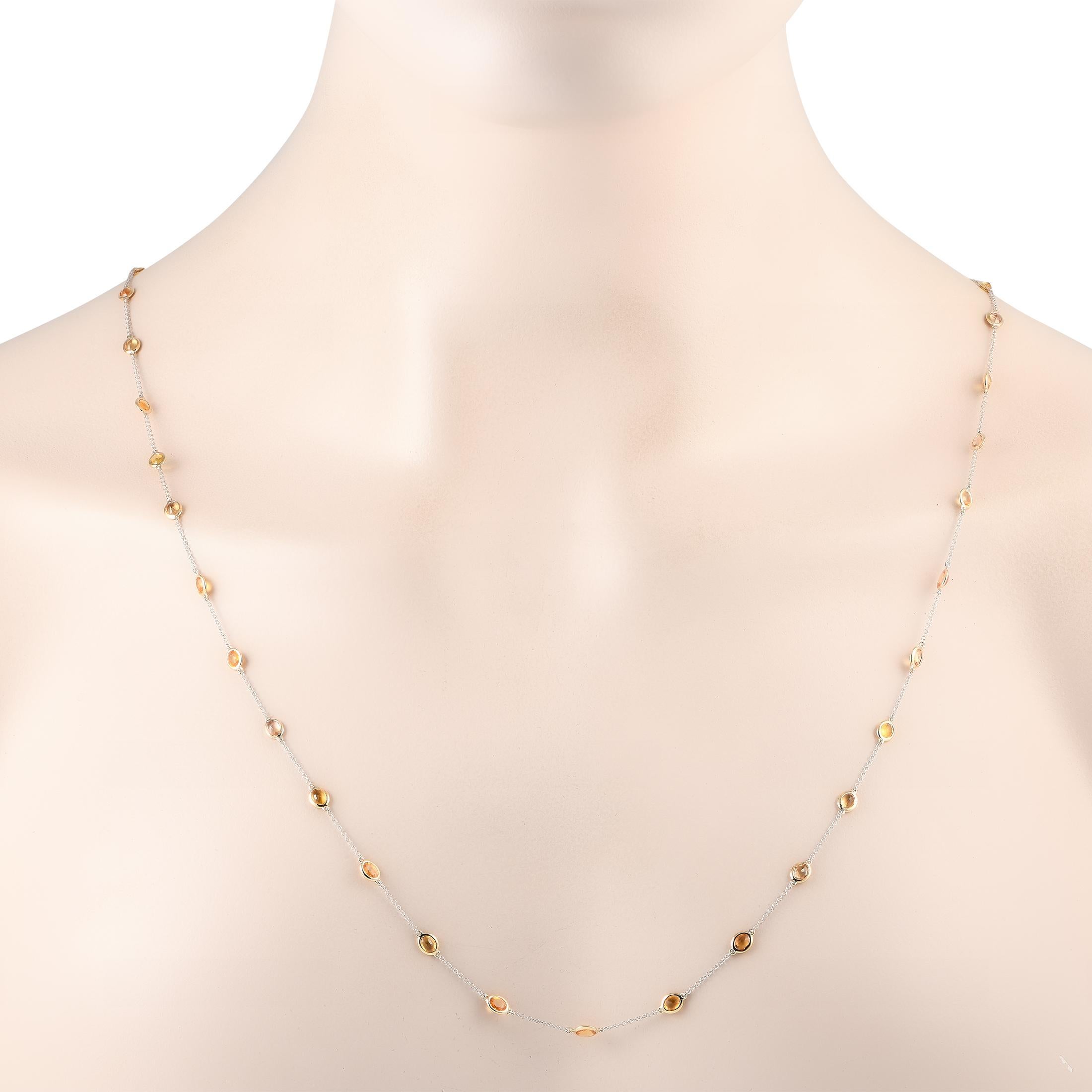 Yellow warm toned Sapphires with a total weight of 8.29 carats make this simple, elegant necklace simply stunning. Ideal for any occasion, its crafted from 14K White Gold and measures 30 long.This jewelry piece is offered in brand new condition and