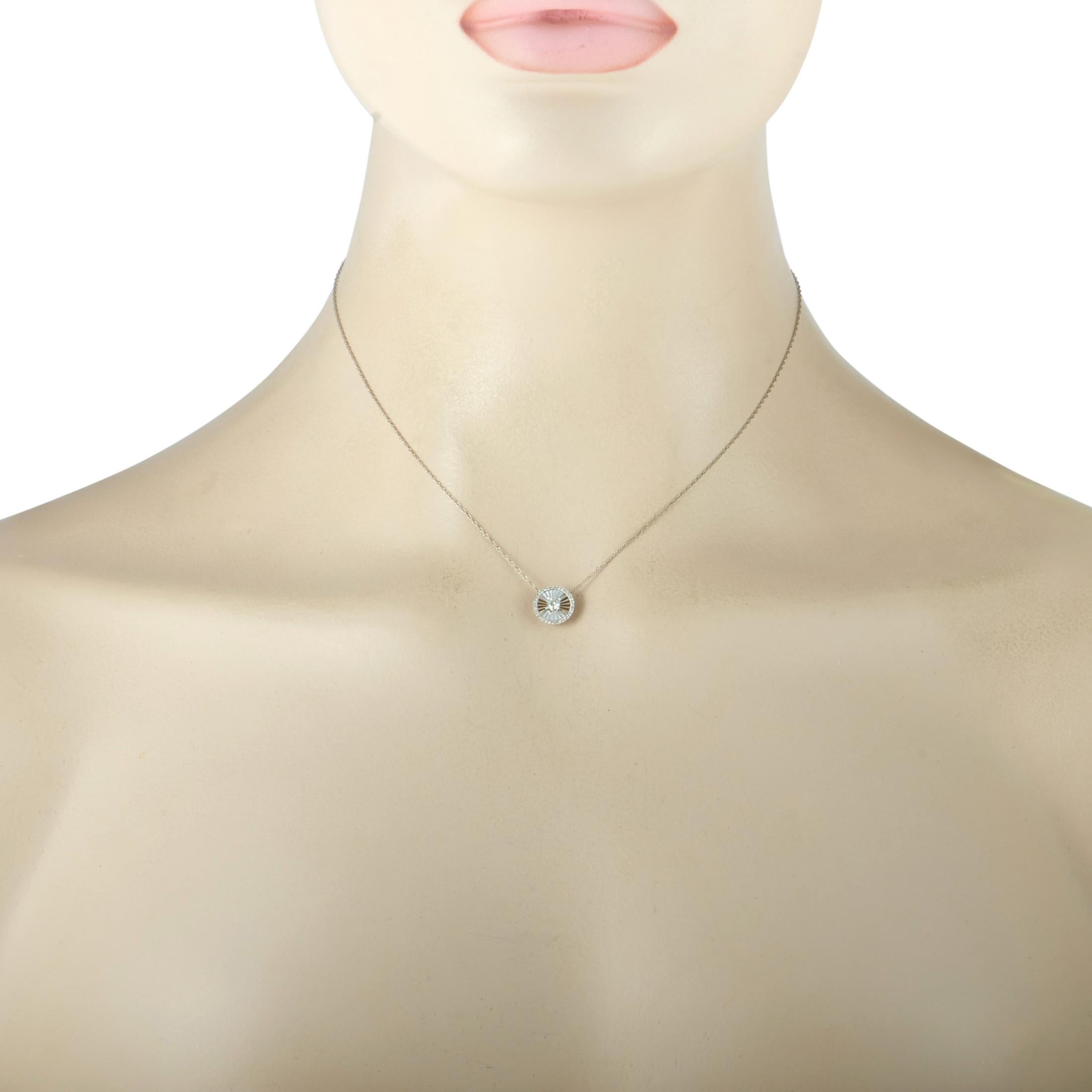 This necklace is made out of 14K white gold and diamonds that amount to 0.25 carats. The necklace weighs 2 grams and is presented with a 14” chain, onto which a 0.37” by 0.37” pendant is attached.
 
 Offered in brand new condition, this item