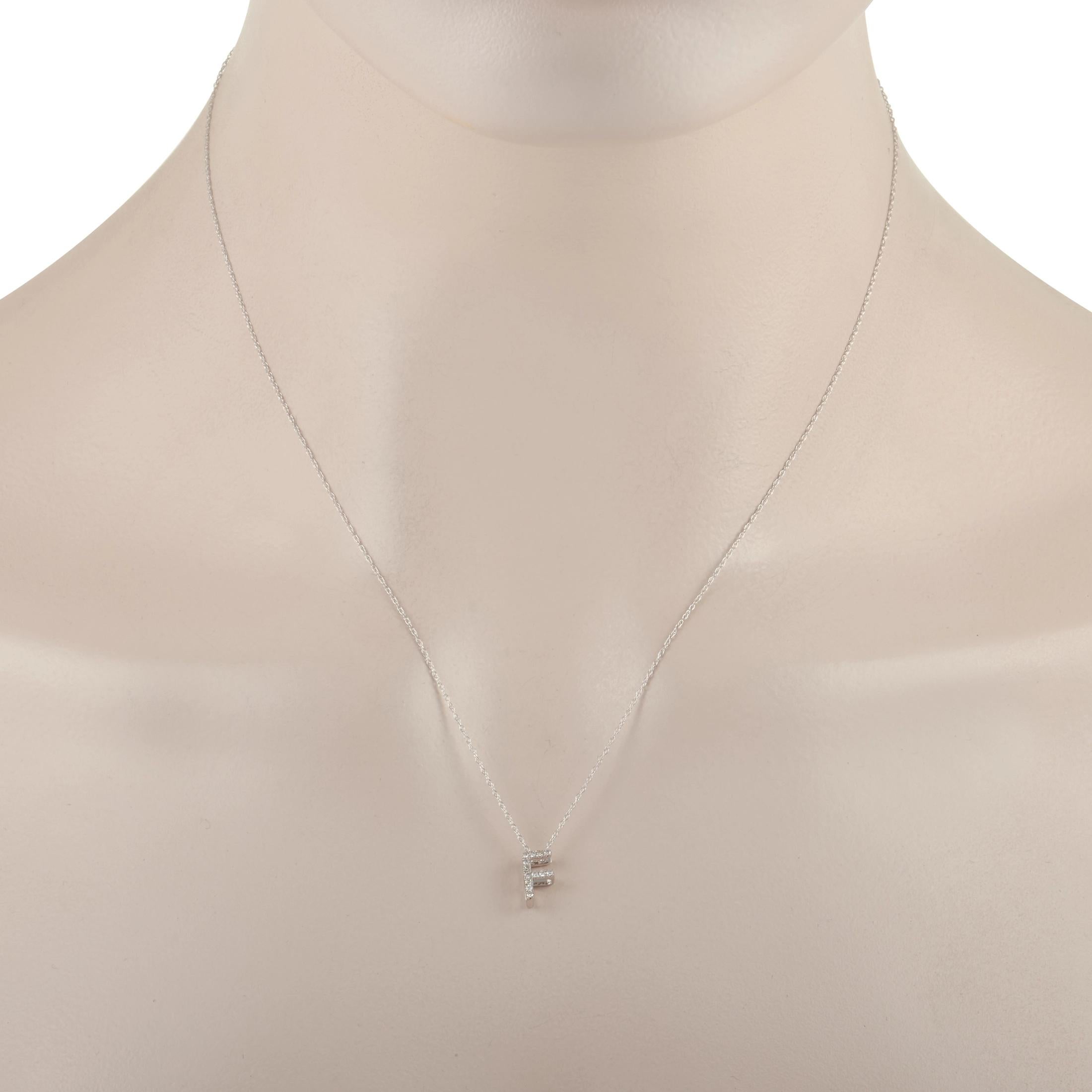 This elegant monogram pendant necklace is an exemplary way to put your initials - or the initials of your loved one - on display for all to see. With a setting crafted from shimmering 14K White Gold, it features a 0.38” letter F pendant covered in