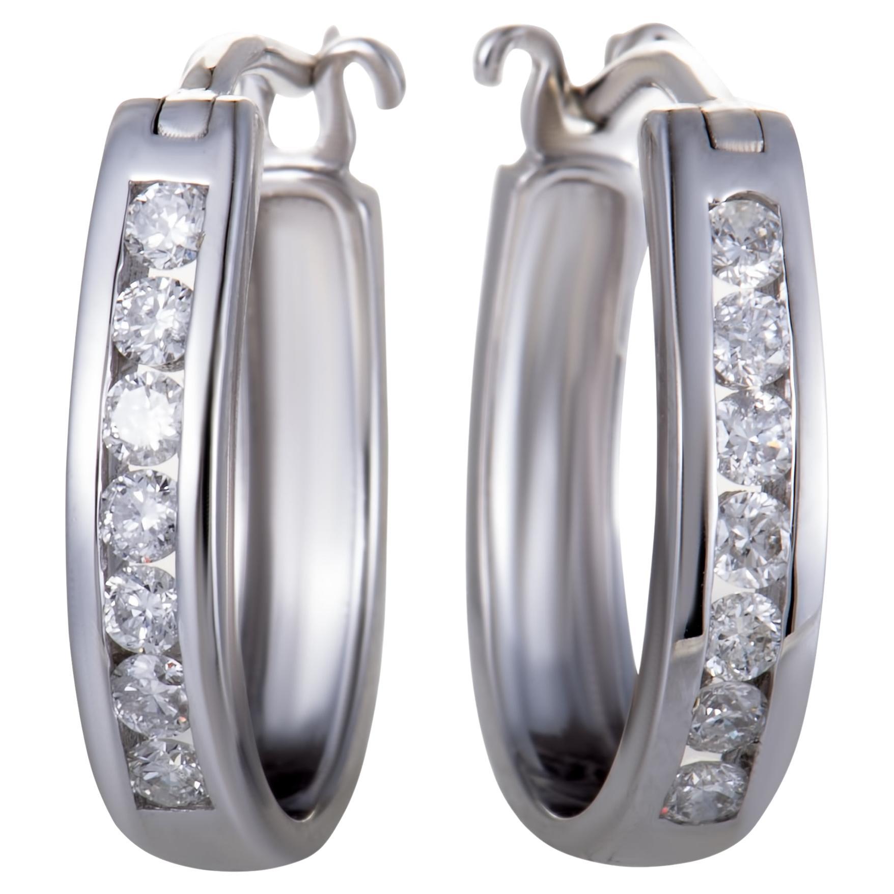LB Exclusive 14K White Gold Oval Channel Set Diamond Hoop Huggies Earrings For Sale