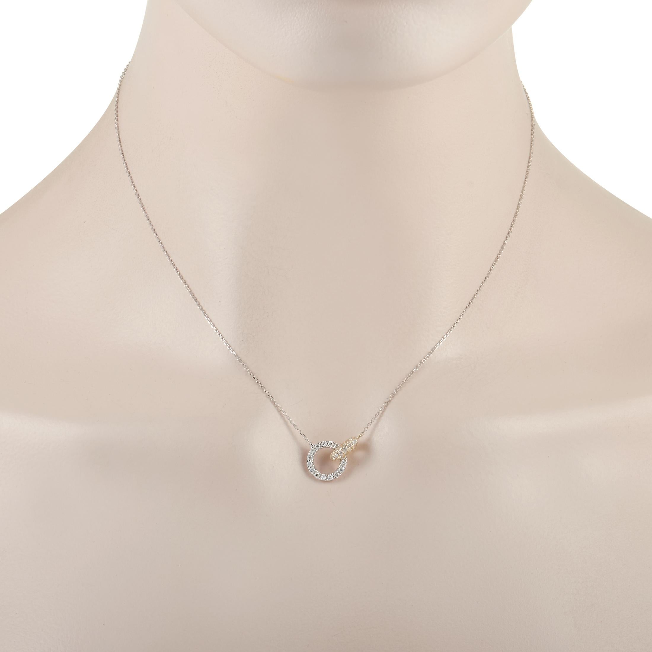 A chic sense of style makes this luxury necklace an ideal way to add opulence into your everyday. The pendant - which measures .5” long and .5” wide - features a pair of diamond encrusted rings that beautifully intertwine. 14K White Gold and 14K