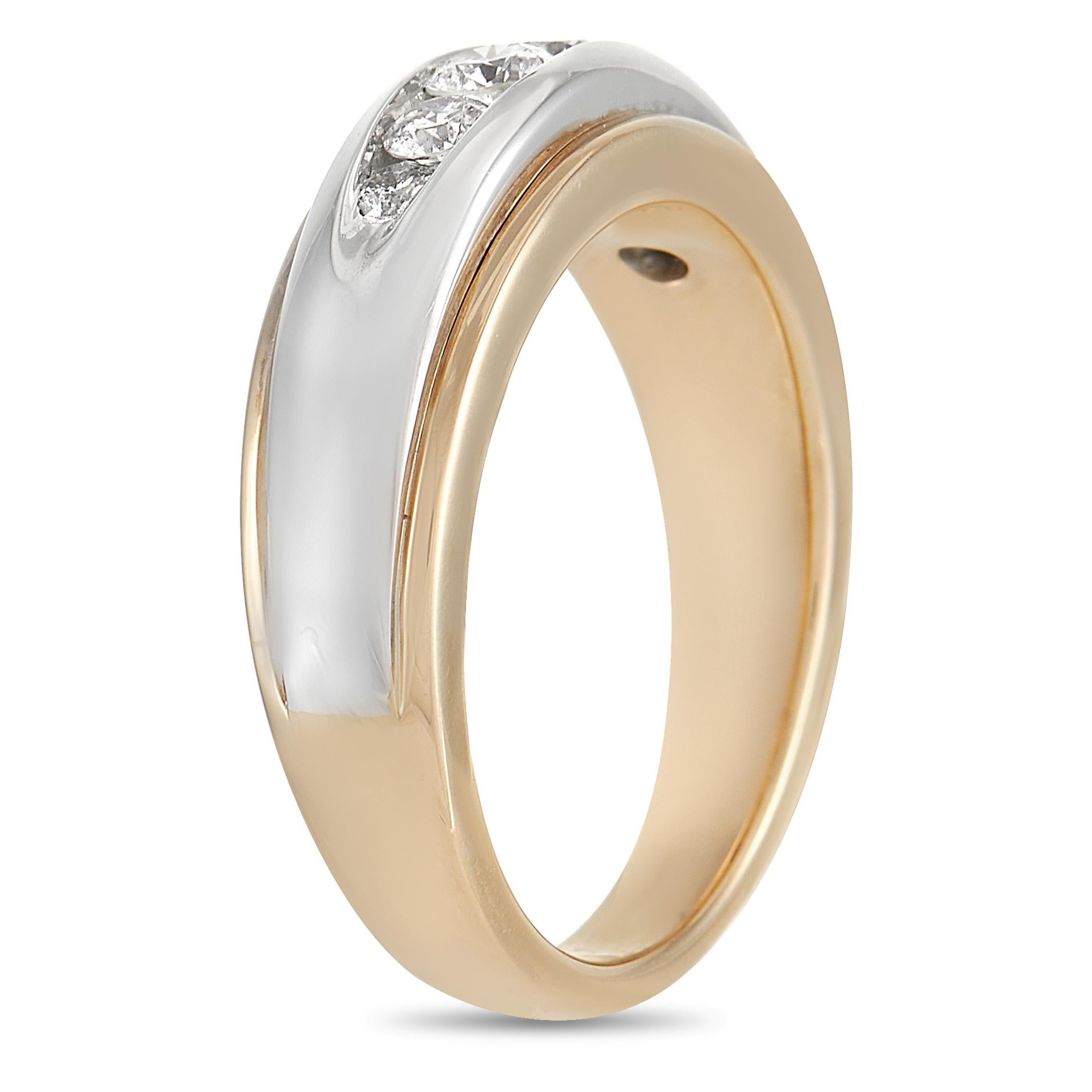 A streamlined, low-profile design gives this two-toned band ring a timeless sense of sophistication. Crafted from 14K yellow gold, an 14K white gold accent provides a striking contrast. At the center, you’ll also find 5 round-cut, dissimilarly sized