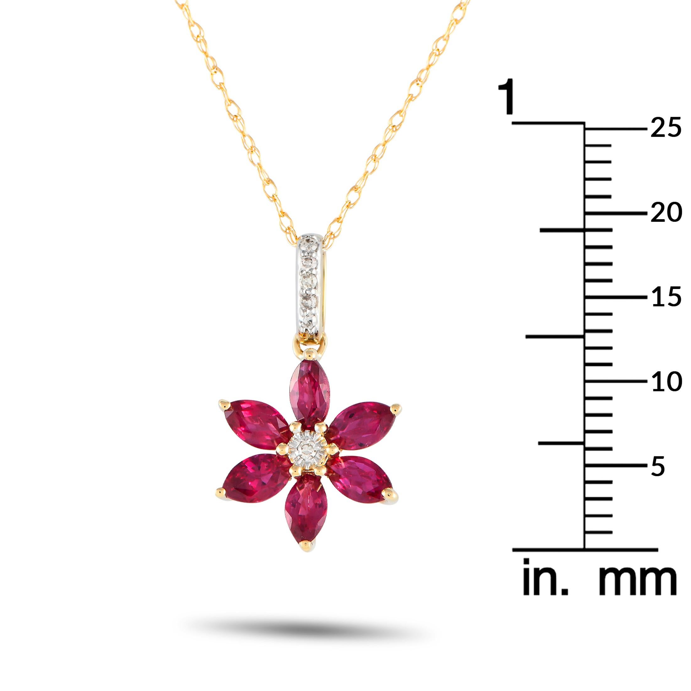 LB Exclusive 14K Yellow Gold 0.01ct Diamond & Ruby Flower Necklace PD4-16241YRU In New Condition For Sale In Southampton, PA