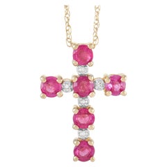 LB Exclusive 14K Yellow Gold 0.02 Ct Diamond and Ruby Cross Necklace
