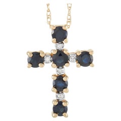 LB Exclusive 14k Yellow Gold 0.02 Ct Diamond and Sapphire Cross Necklace