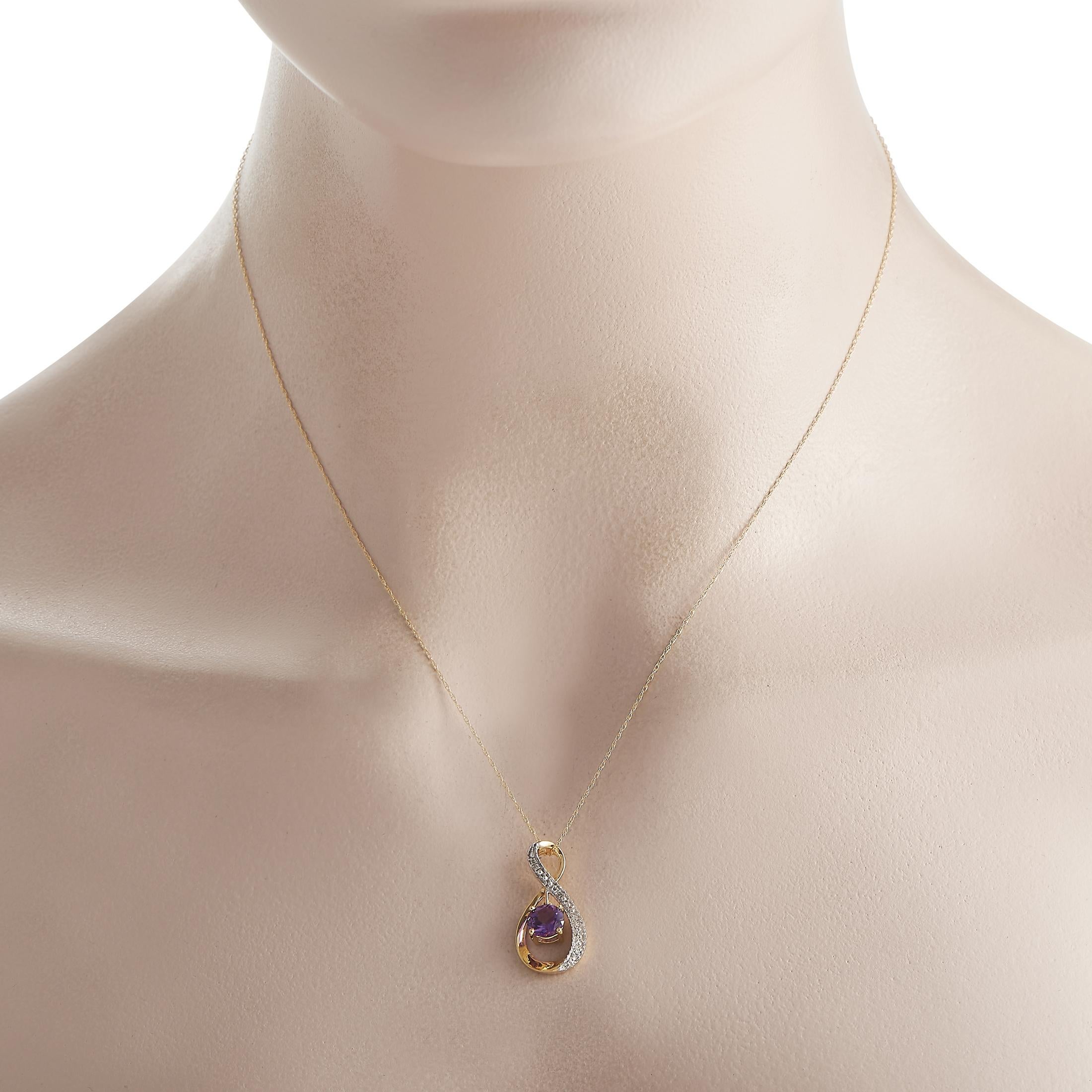 A charming necklace for a February-born. This piece is crafted in 14K yellow gold and has a thin, double cable chain holding a 0.75 by 0.45 looped-style pendant. The figure-8 pendant is decorated with a short line of petite round diamonds and a