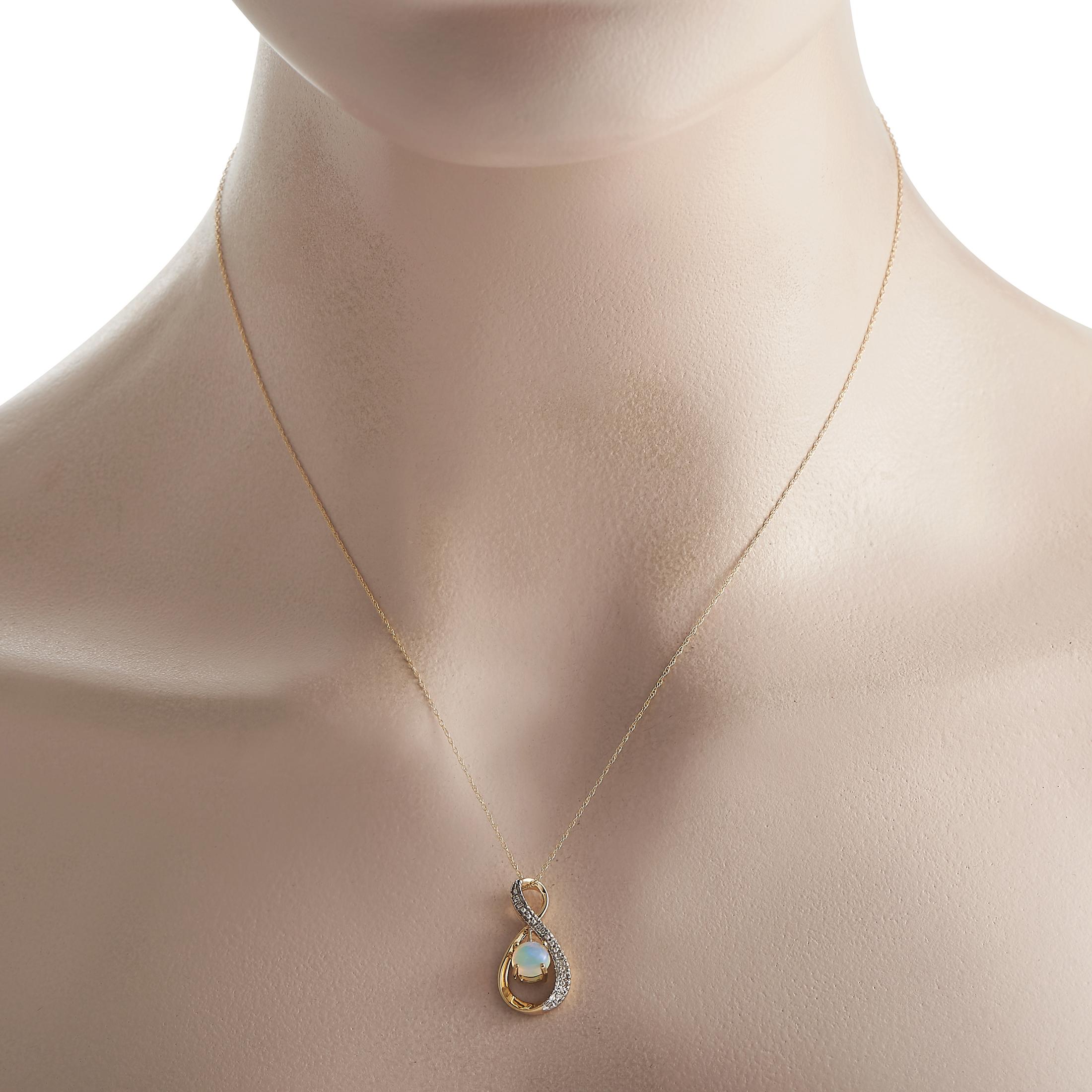 Let your unique personality and fashion style shine with this LB Exclusive necklace. This piece is crafted in yellow gold and has a stylized figure 8 pendant punctuated by an opal. The short and curvy row of petite diamonds beautifully complements