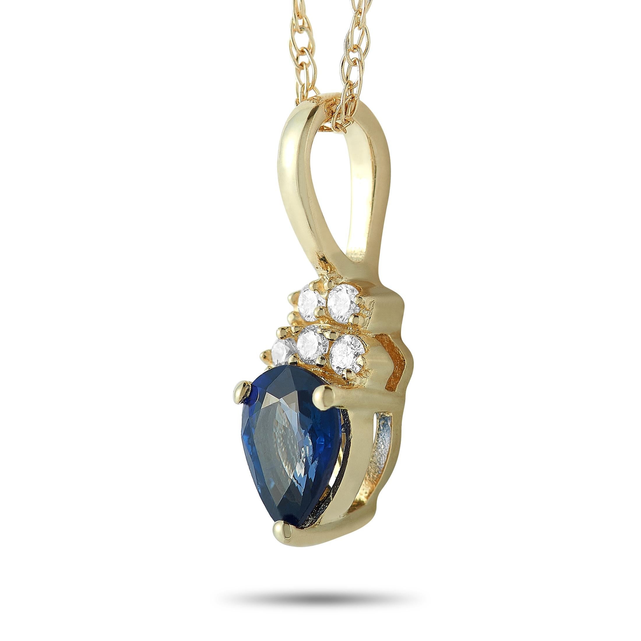 This LB Exclusive necklace is made of 14K yellow gold and embellished with a 0.23 ct sapphire and a total of 0.03 carats of diamonds. The necklace weighs 1 gram and boasts a 17” chain and a pendant that measures 0.50” in length and 0.12” in width.
