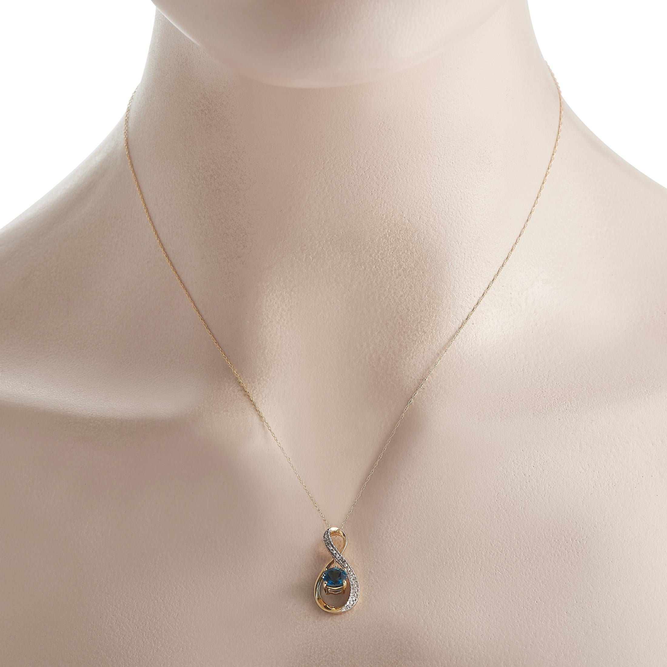 An alluring jewelry gift for a December-born or a December anniversary. This LB Exclusive necklace in 14K yellow gold features a stylized infinity pendant decorated with a wavy row of round diamonds and a beautiful blue topaz gemstone. The double