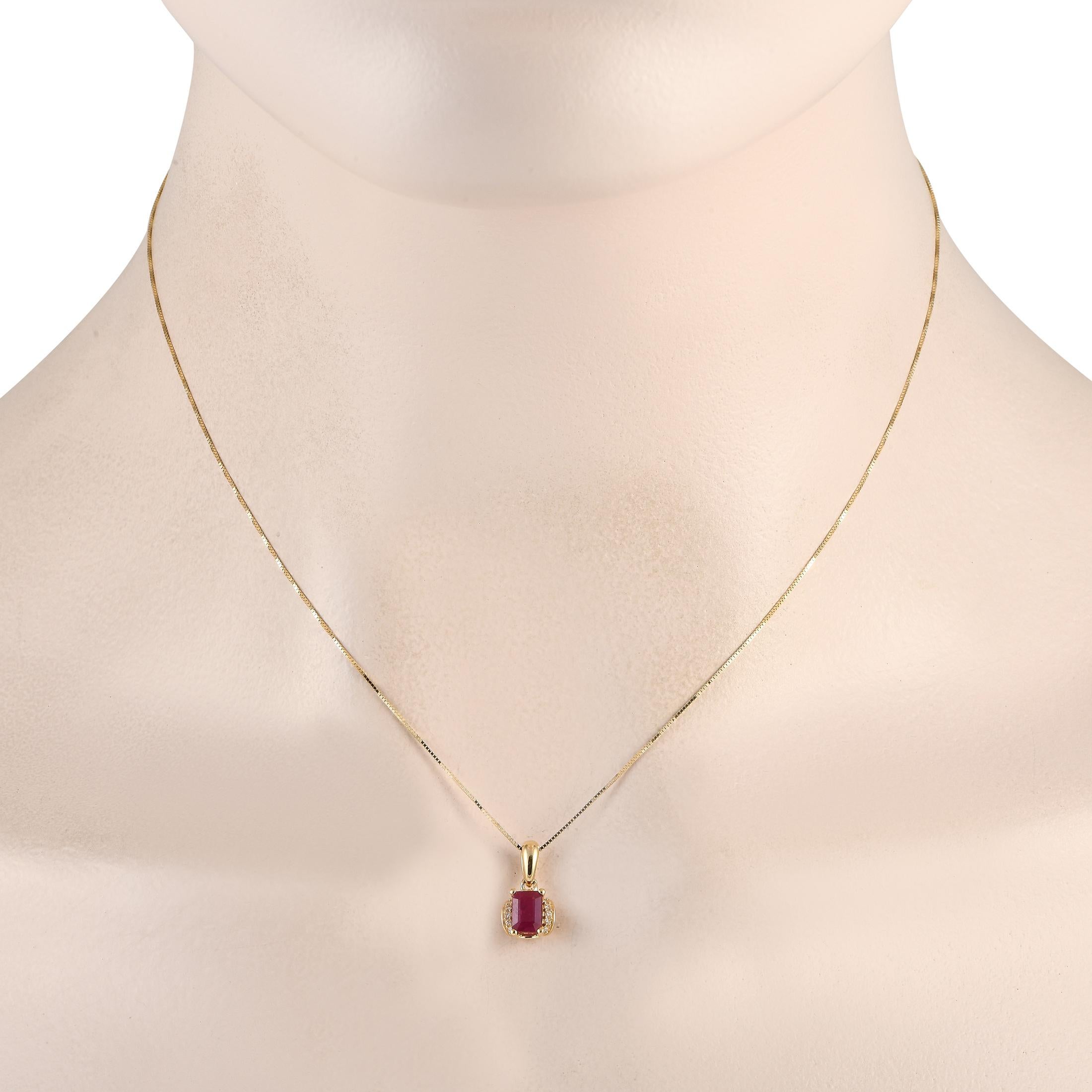 A radiant Ruby gemstone serves as a stunning focal point on this impeccably crafted 14K Yellow Gold necklace. Suspended from an 18 chain, youll find a simple, elegant pendant measuring 0.50 long by 0.25 wide. Diamonds with a total weight of 0.03