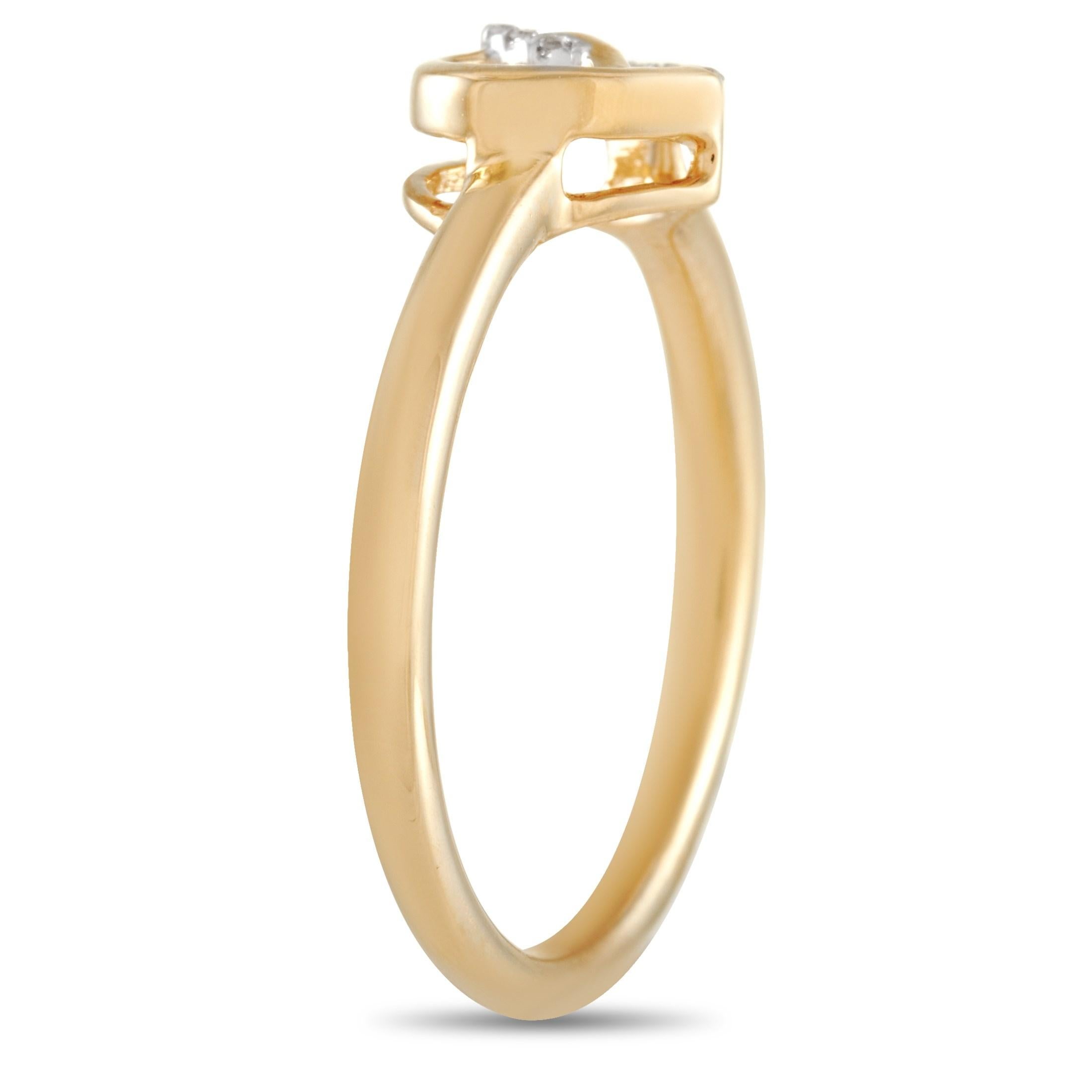 This LB Exclusive 14K Yellow Gold 0.05 ct Diamond Intertwined Heart Ring is made with 14K yellow gold and features a heart shape set with 0.05 carats of round-cut diamonds around half of the heart. The ring has a band thickness of 2 mm, a top height
