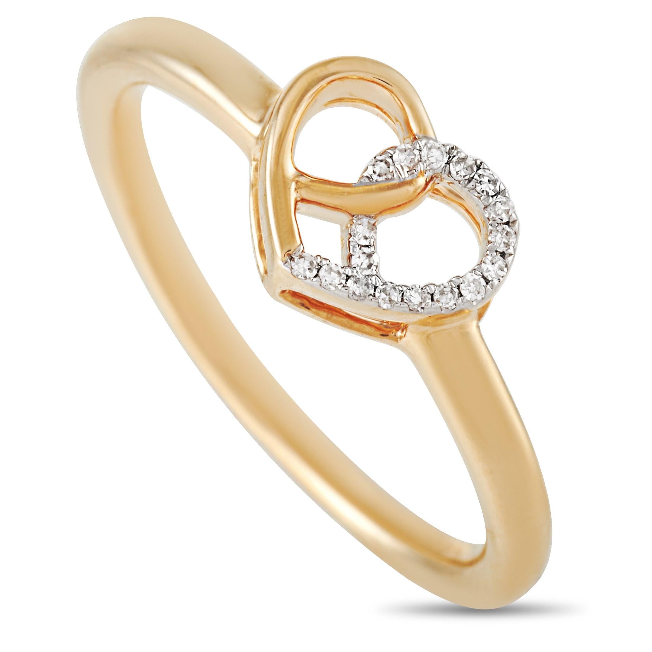 Round Cut LB Exclusive 14 Karat Yellow Gold 0.05 Carat Diamond Intertwined Heart Ring