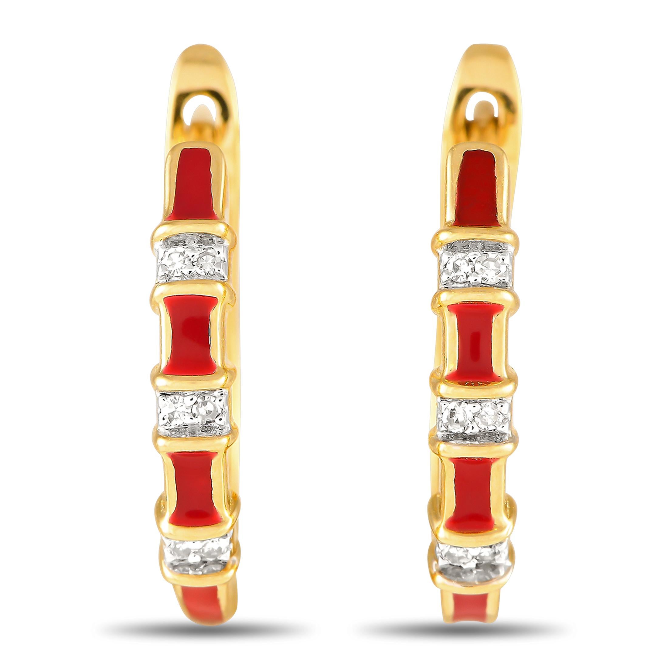 LB Exclusive, boucles d'oreilles en or jaune 14 carats, diamant 0,05 carat et émail rouge ER28196 Neuf - En vente à Southampton, PA