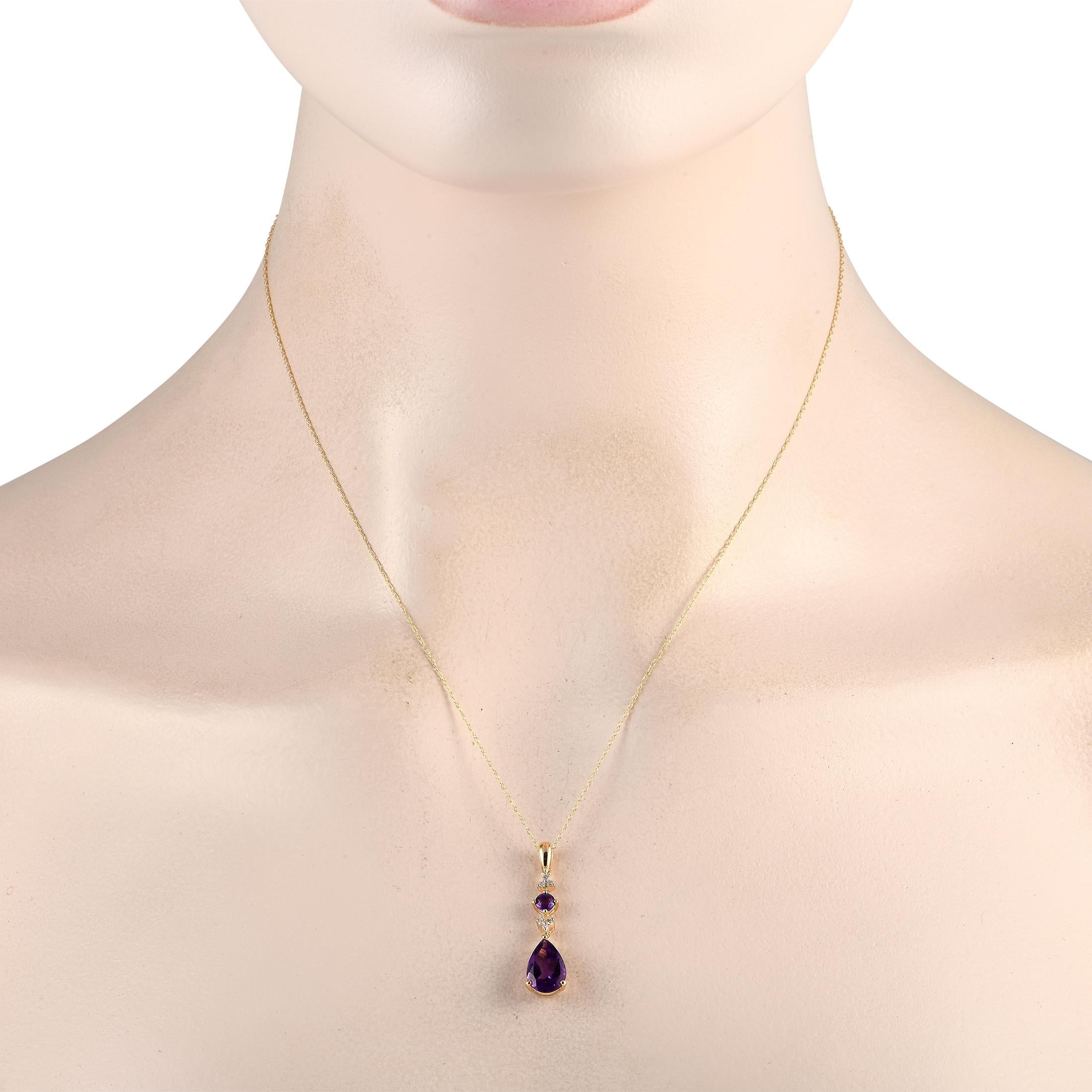 On this exquisite necklace, a 14K Yellow Gold pendant measuring 1.25 long and 0.25 wide is elevated by captivating Amethyst gemstones and Diamonds totaling 0.05 carats. It comes complete with a matching 18 chain.This jewelry piece is offered in