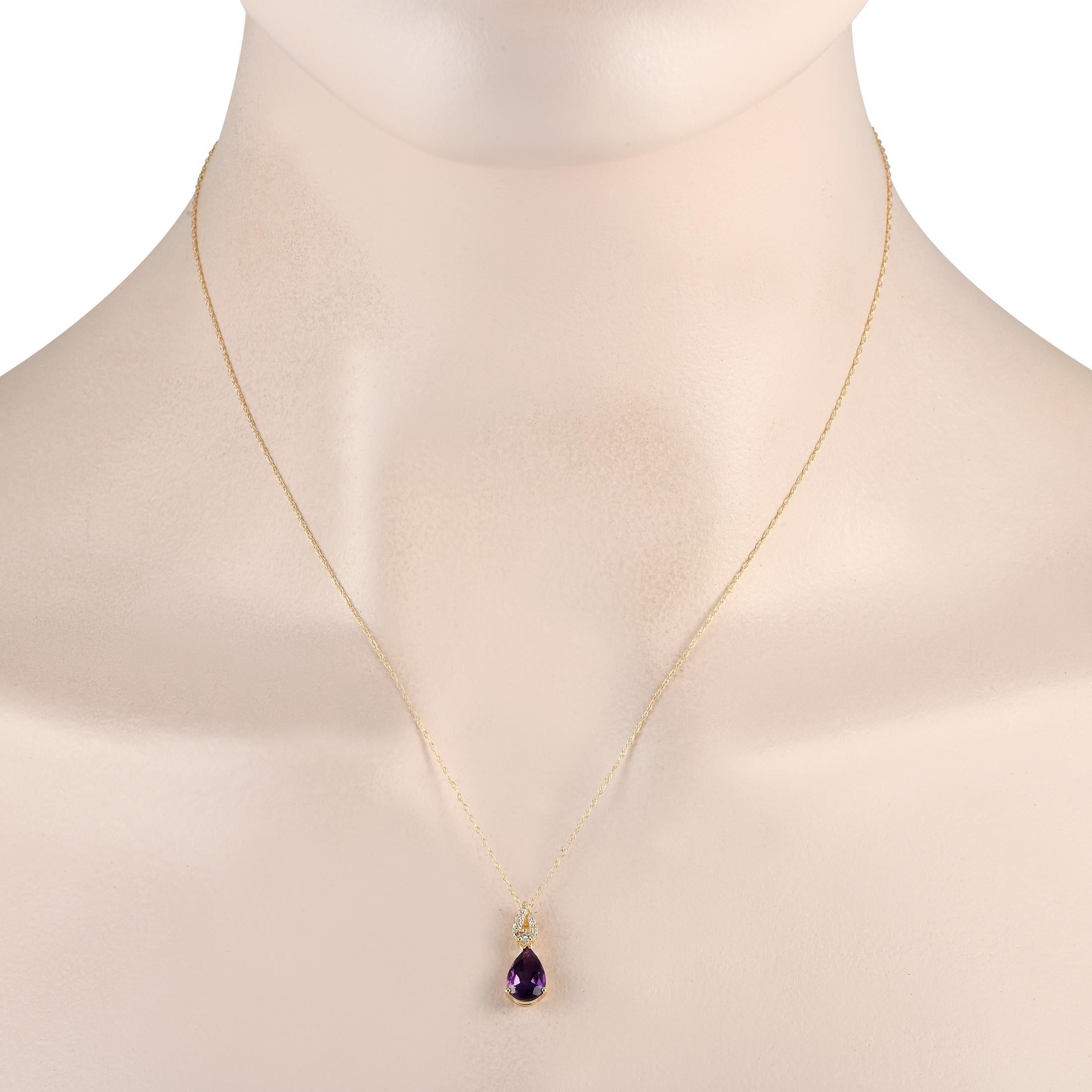 This luxury necklace is charming, timeless, and sophisticated. On this impeccably styled piece, a 14K Yellow Gold pendant beautifully showcases a pear-shaped Amethyst and sparkling Diamonds totaling 0.06 carats. The pendant measures 0.65 long by