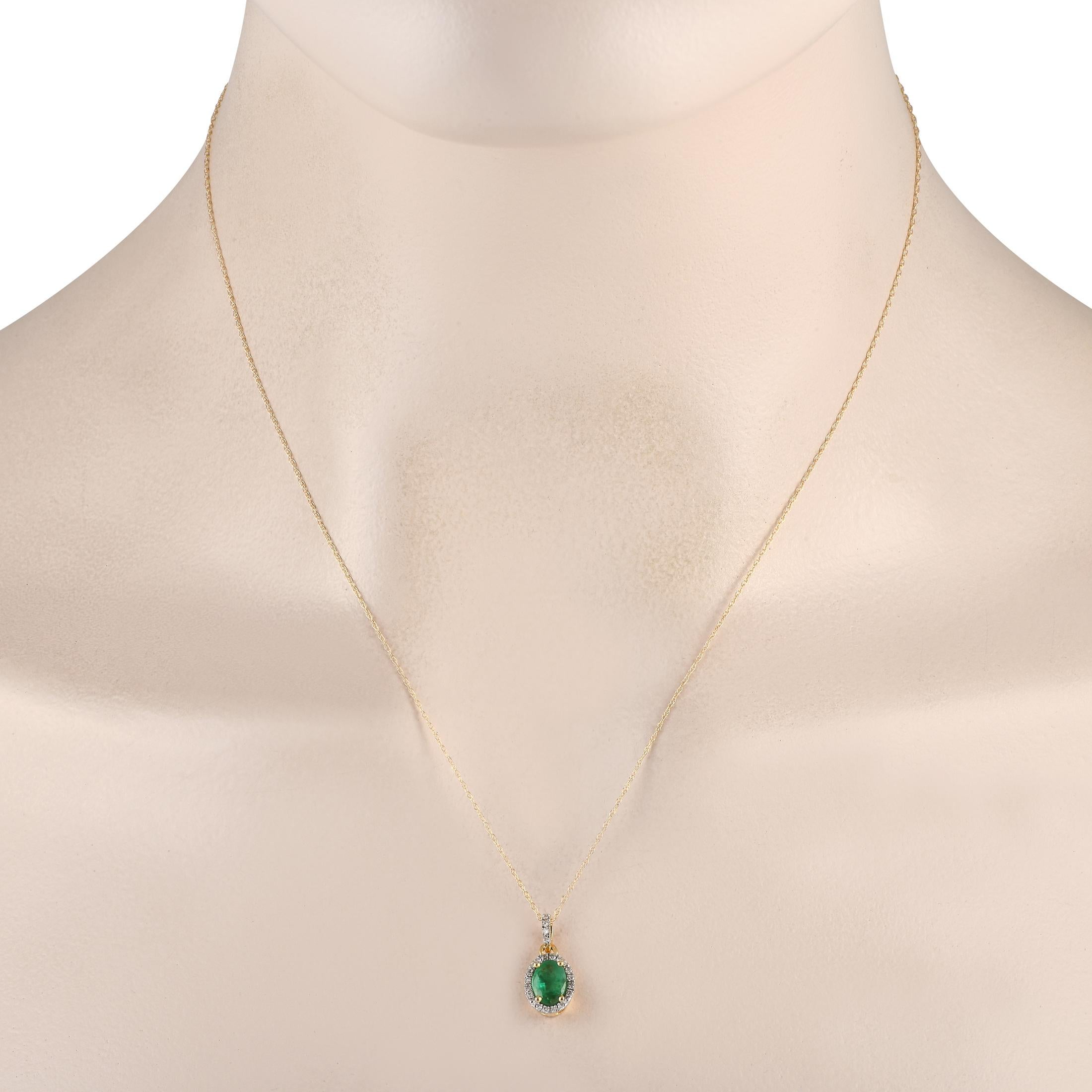 Sparkling Diamonds with a total weight of 0.06 carats highlight a beautiful oval-cut Emerald gemstone on this sleek, sophisticated necklace. Crafted from 14K Yellow Gold, it includes a pendant measuring 0.65 long by 0.25 wide suspended from an 18