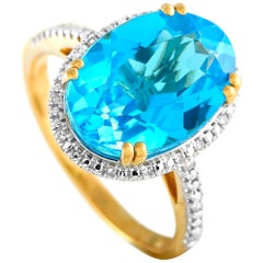 LB Exclusive 14 Karat Yellow Gold 0.07 Carat Diamond and Blue Topaz Oval Ring