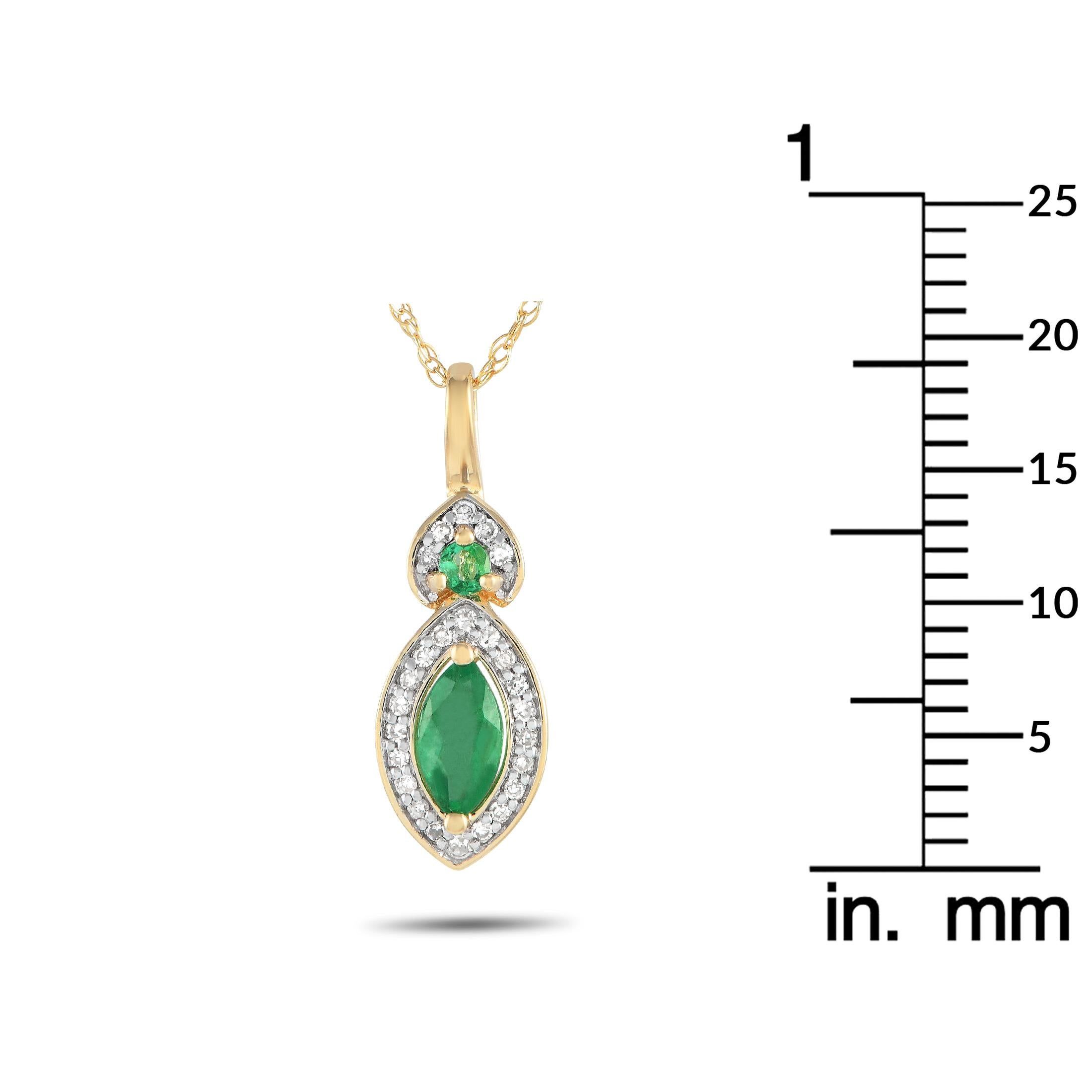 Brilliant Emerald gemstones make this necklace simply unforgettable. This piece features a 14K Yellow Gold pendant measuring 0.75 long by 0.25 wide suspended from a delicate 18 chain. Inset Diamonds with a total weight of 0.07 carats add an