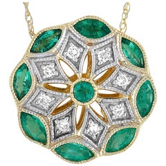 LB Exclusive 14K Yellow Gold 0.08 ct Diamond and Emerald Round Pendant Necklace