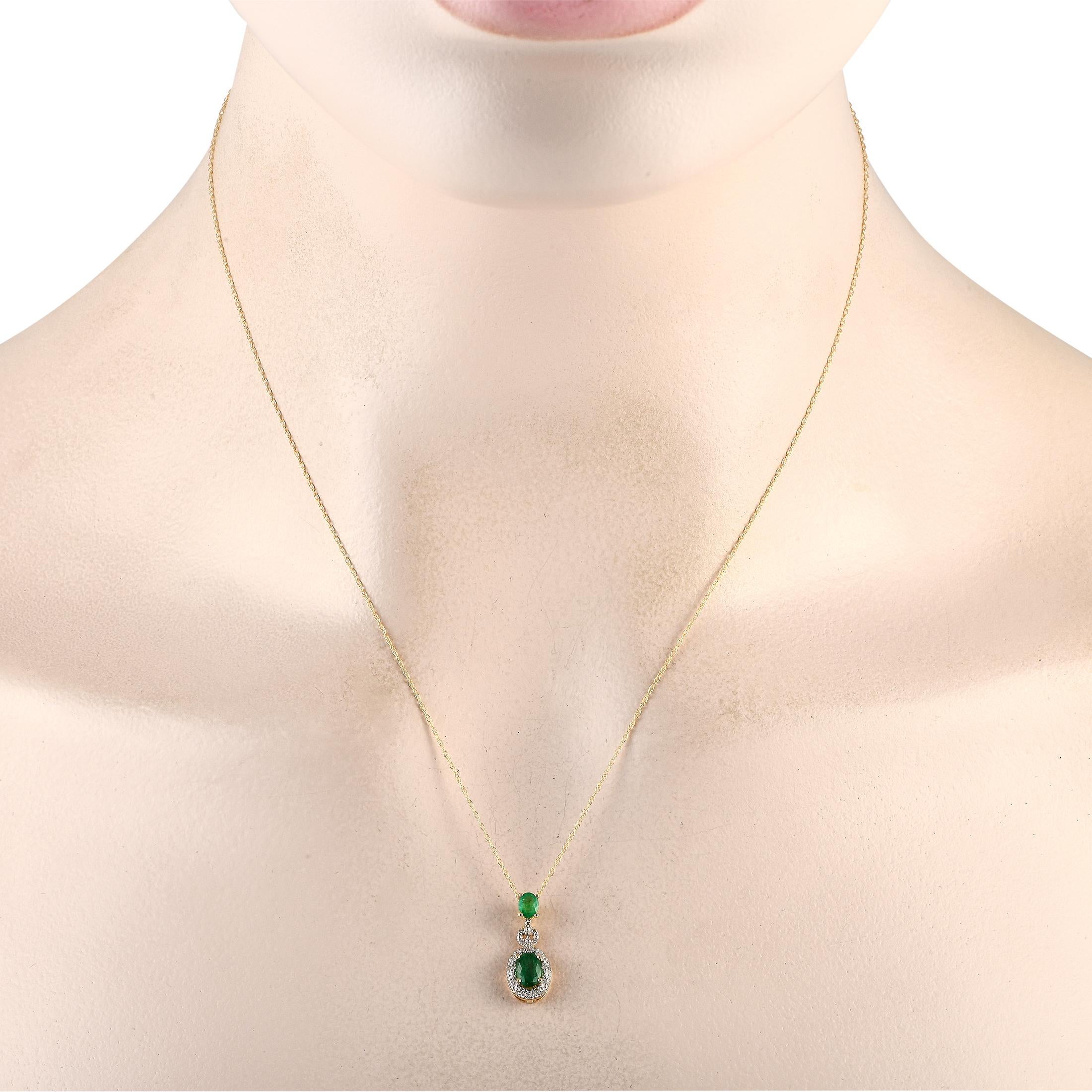 Refresh a monochromatic outfit with a necklace shining with the invigorating green hue of emerald. This LB Exclusive piece is crafted in 14K yellow gold and has an 18 chain. It captivates with its shimmering oval-cut emerald pendant surrounded by a