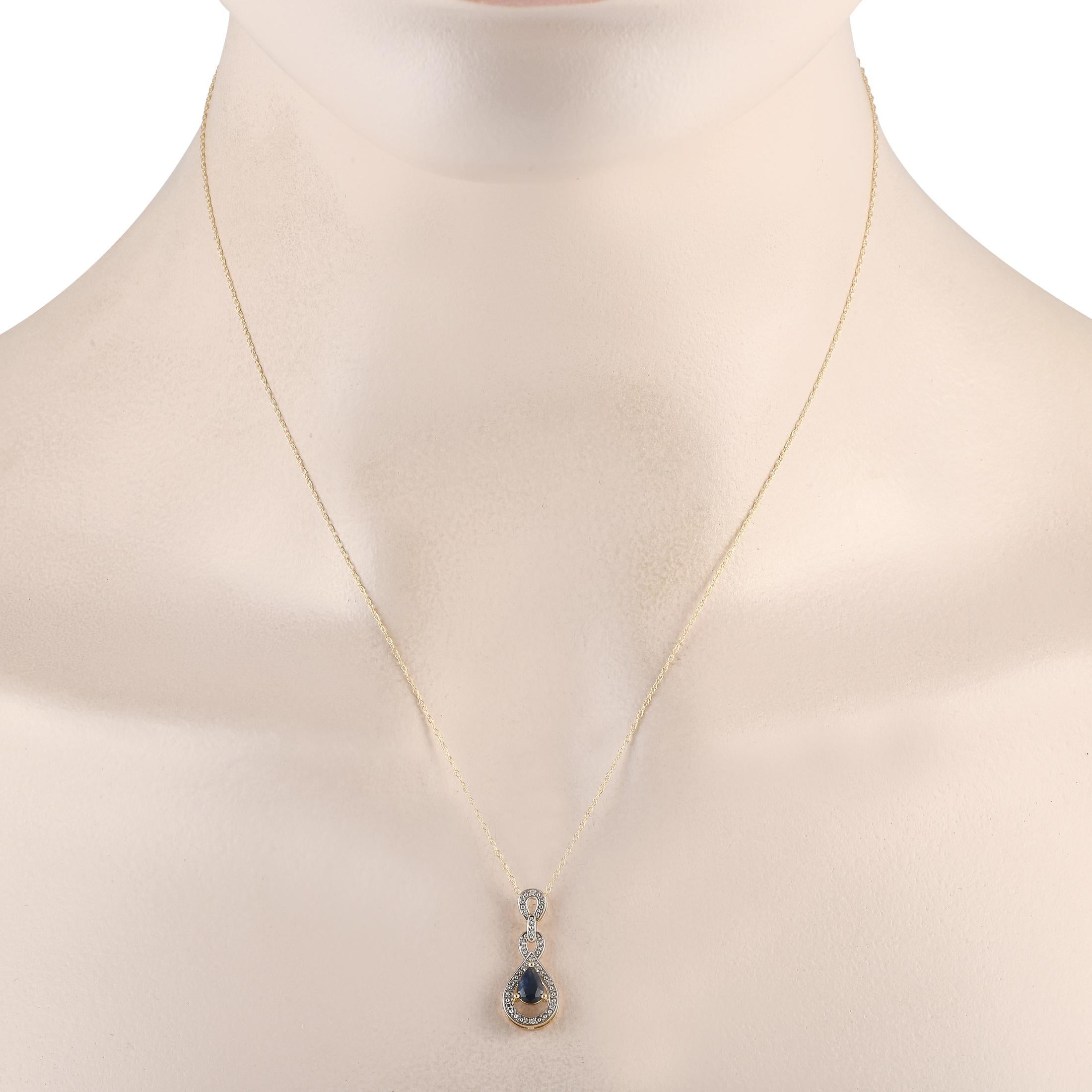 Exuding poise and grace, this yellow gold necklace will instantly elevate your style. Its diamond-traced pendant features openwork links. The largest link bears a pear-shaped silhouette punctuated by a faceted pear sapphire at the center. This