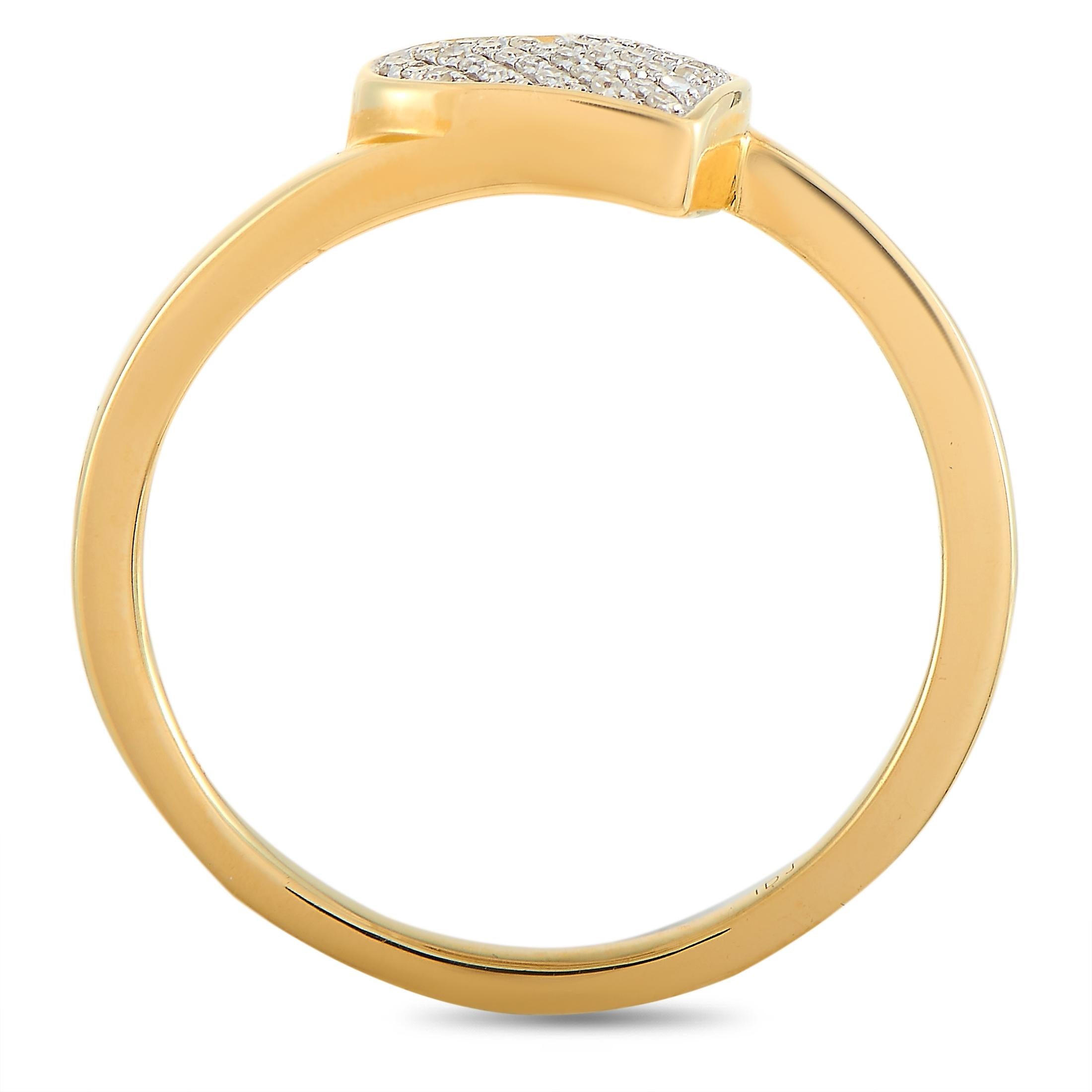 This LB Exclusive ring is made of 14K yellow gold and embellished with diamonds that amount to 0.09 carats. The ring weighs 2.4 grams and boasts band thickness of 2 mm and top height of 3 mm, while top dimensions measure 6 by 10 mm.
 
 Offered in