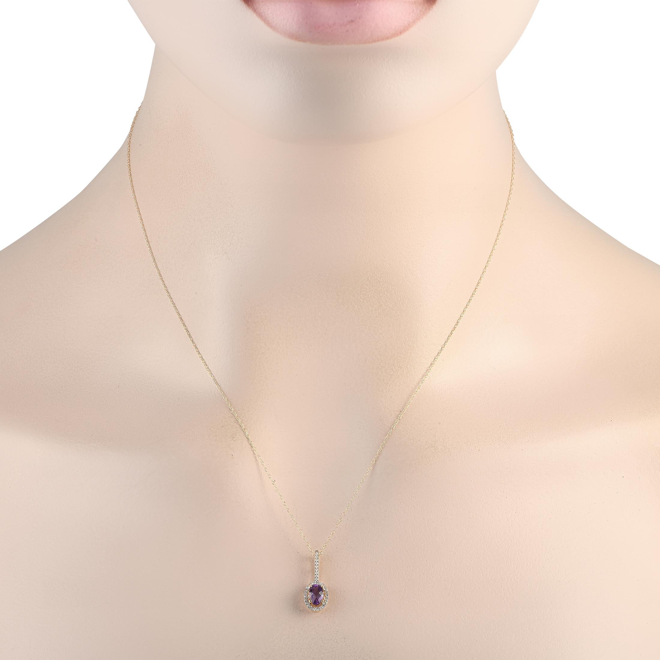 Designed with the February birthstone, this LB Exclusive necklace shimmers with sophistication. It is fully crafted in 14K yellow gold, with a double cable chain necklace, a diamond-traced bail, and an amethyst pendant haloed by more diamonds. The