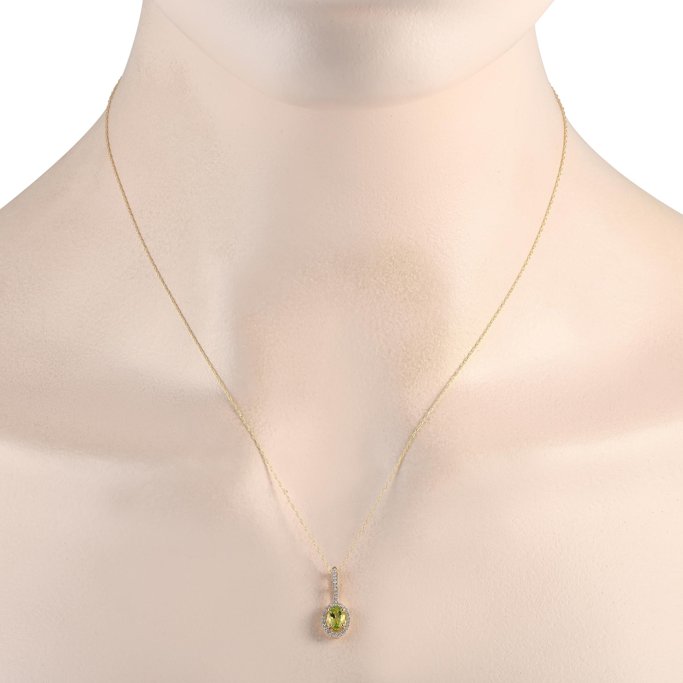 A stunning oval-cut Peridot gemstone and sparkling Diamond accents totaling 0.09 carats come together beautifully on this necklaces simple, elegant pendant. Suspended from an 18 chain, the pendant measures 0.75 long by 0.25 wide and is crafted from