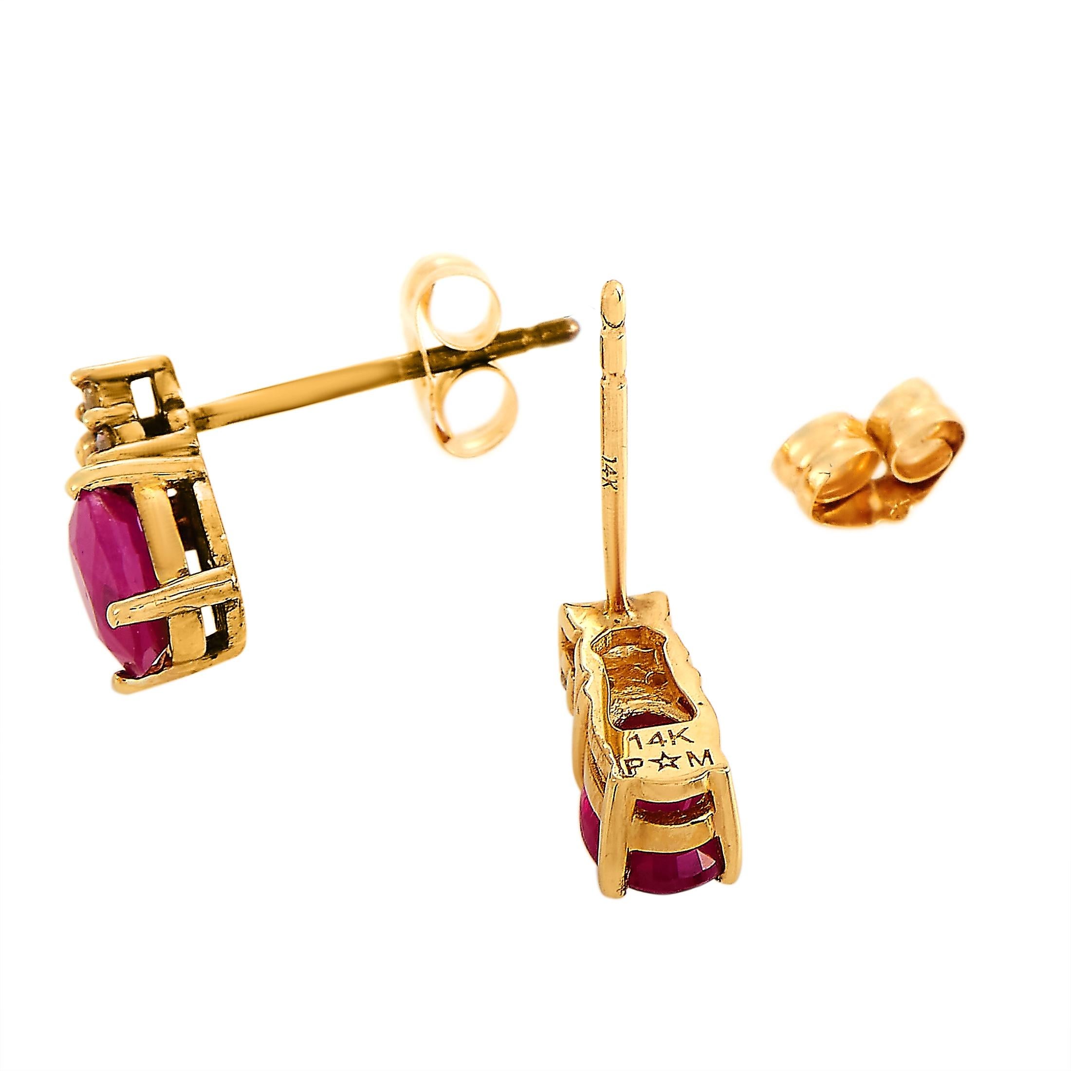 These LB Exclusive earrings are made of 14K yellow gold and embellished with rubies and a total of 0.10 carats of diamonds. The earrings measure 0.37” in length and 0.21” in width, and each of the two weighs 0.7 grams.
 
 The pair is offered in