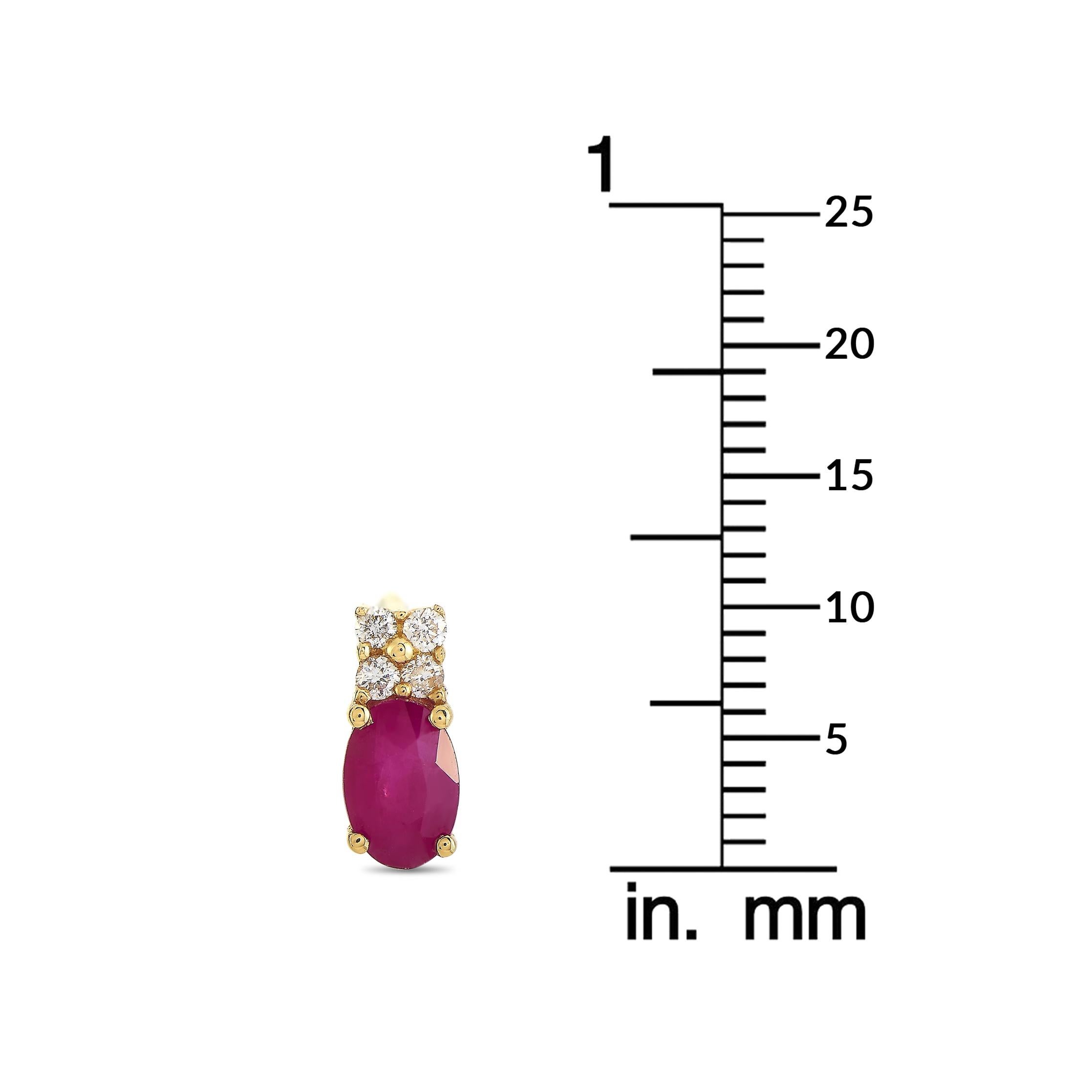 Round Cut LB Exclusive 14 Karat Yellow Gold 0.10 Carat Diamond and Ruby Earrings