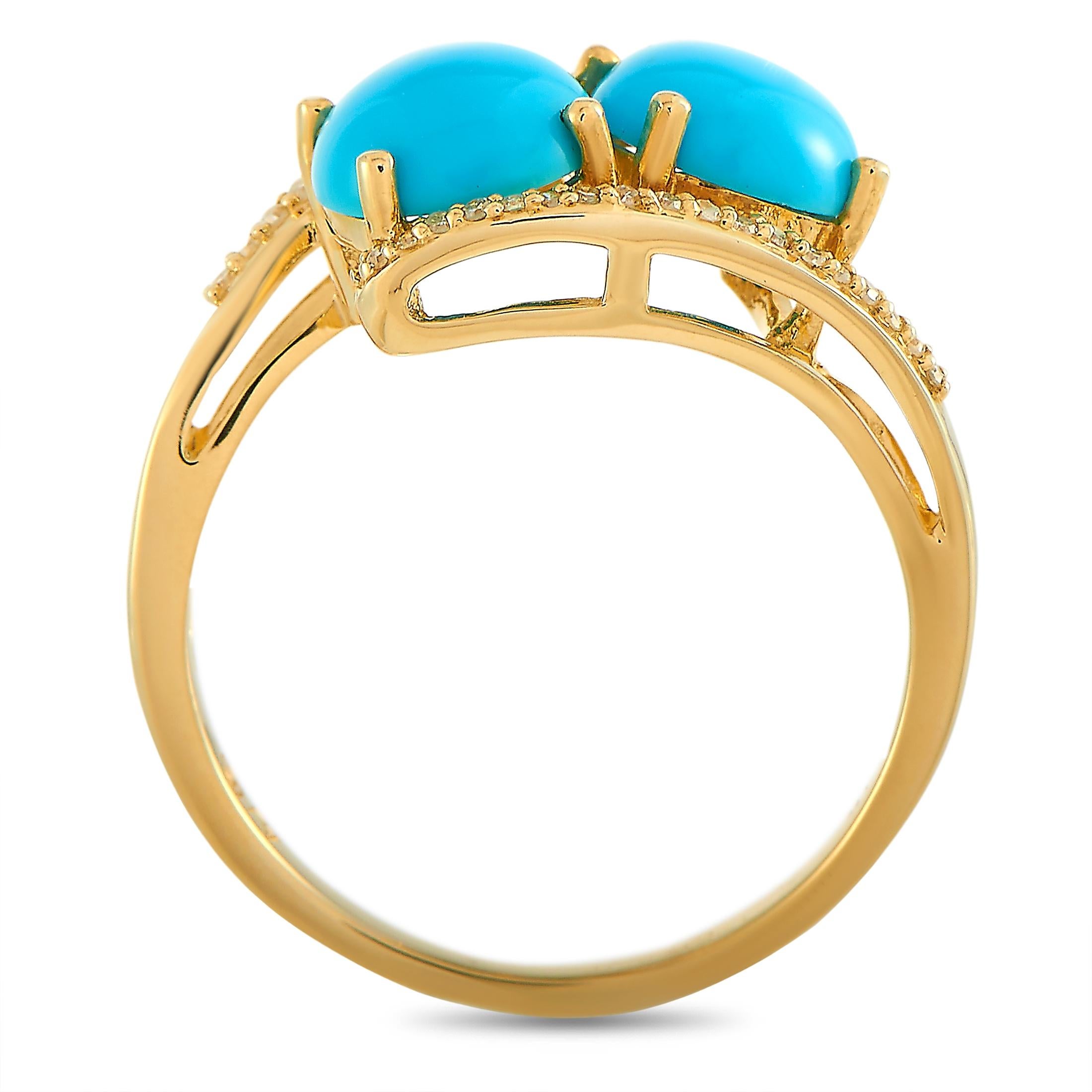 This LB Exclusive ring is crafted from 14K yellow gold and weighs 3.1 grams, boasting band thickness of 2 mm and top height of 7 mm, while top dimensions measure 11 by 15 mm. The ring is set with turquoises and a total of 0.10 carats of diamonds.
