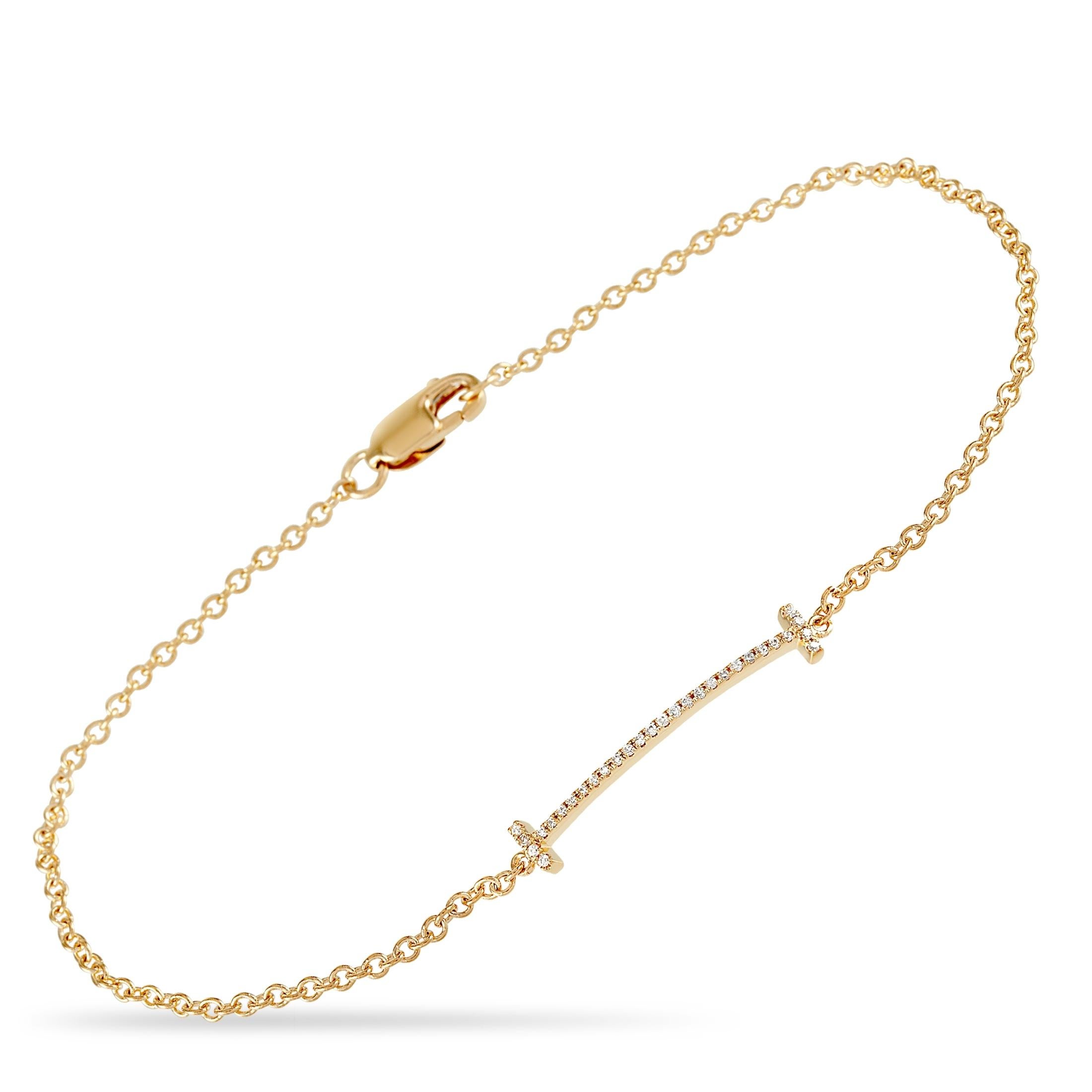This LB Exclusive bracelet is made of 14K yellow gold and embellished with diamonds that amount to 0.10 carats. The bracelet weighs 1.4 grams and measures 6.50” in length.

Offered in brand-new condition, this jewelry piece includes a gift box.