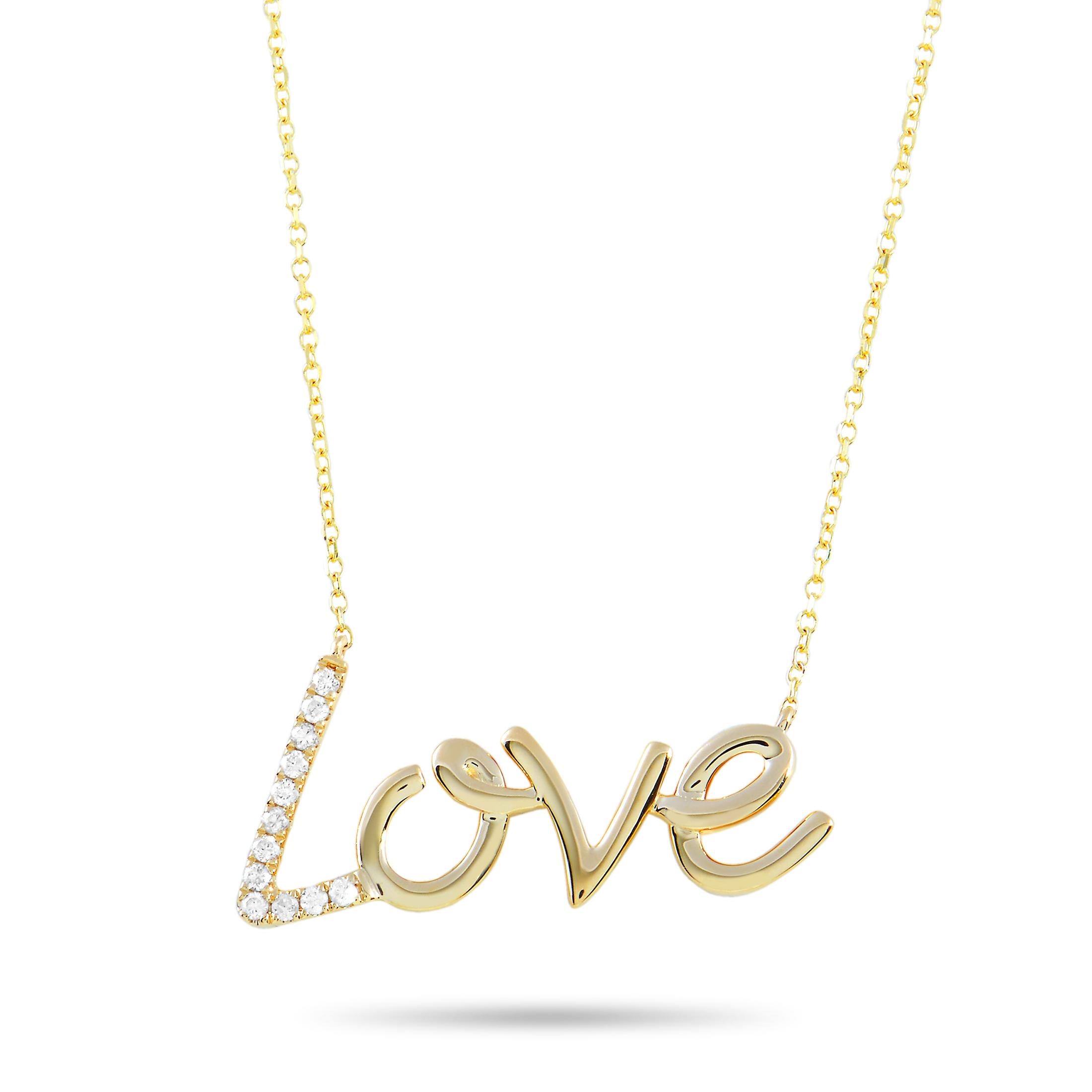 Round Cut LB Exclusive 14 Karat Yellow Gold 0.10 Carat Diamond Love Pendant Necklace For Sale