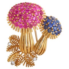 LB Exclusive 14K Yellow Gold 0.10 Ct Diamond, Ruby, and Sapphire Mushroom Brooch